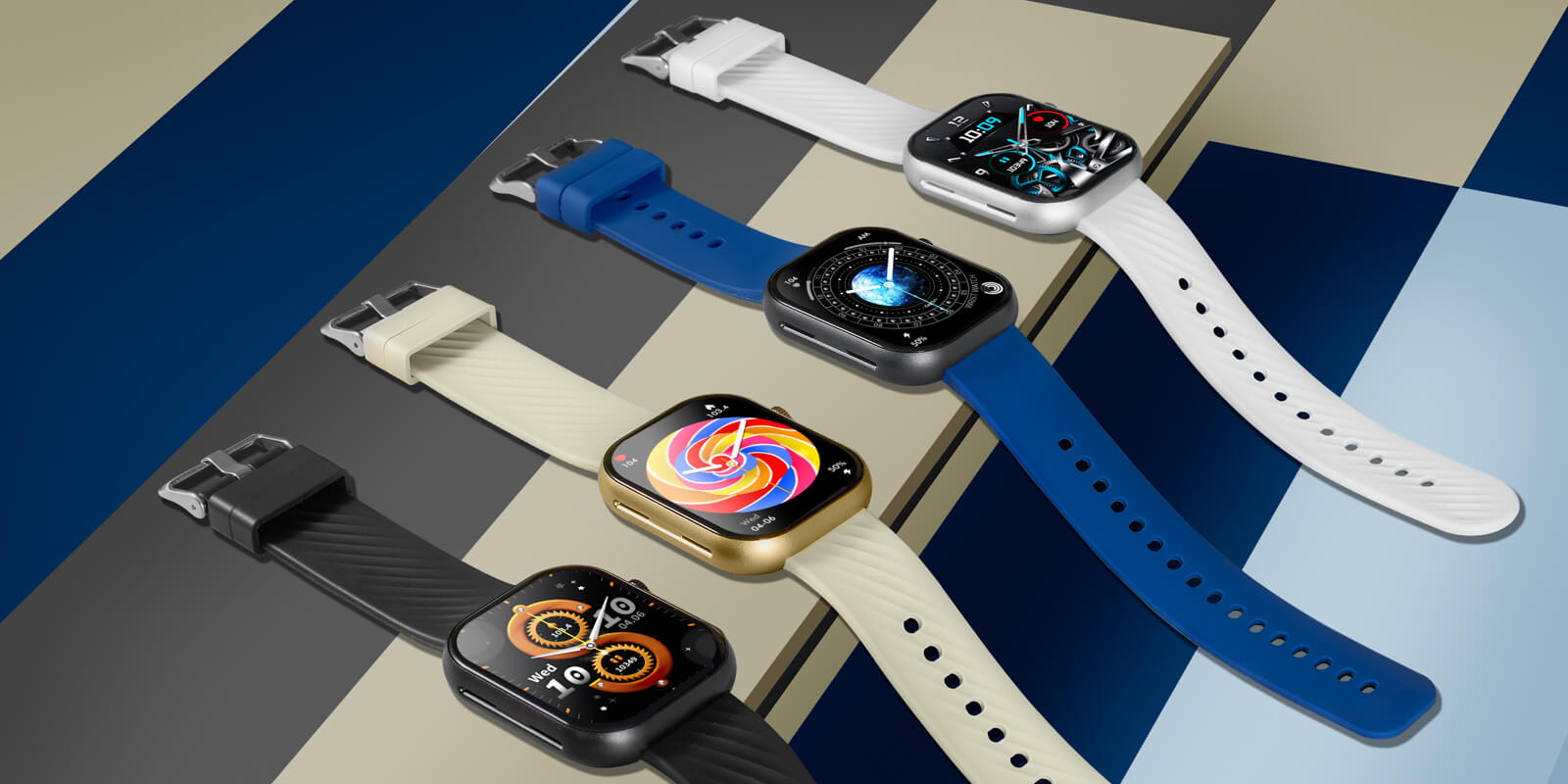 four prime smartwatches in a custom multicolor background.