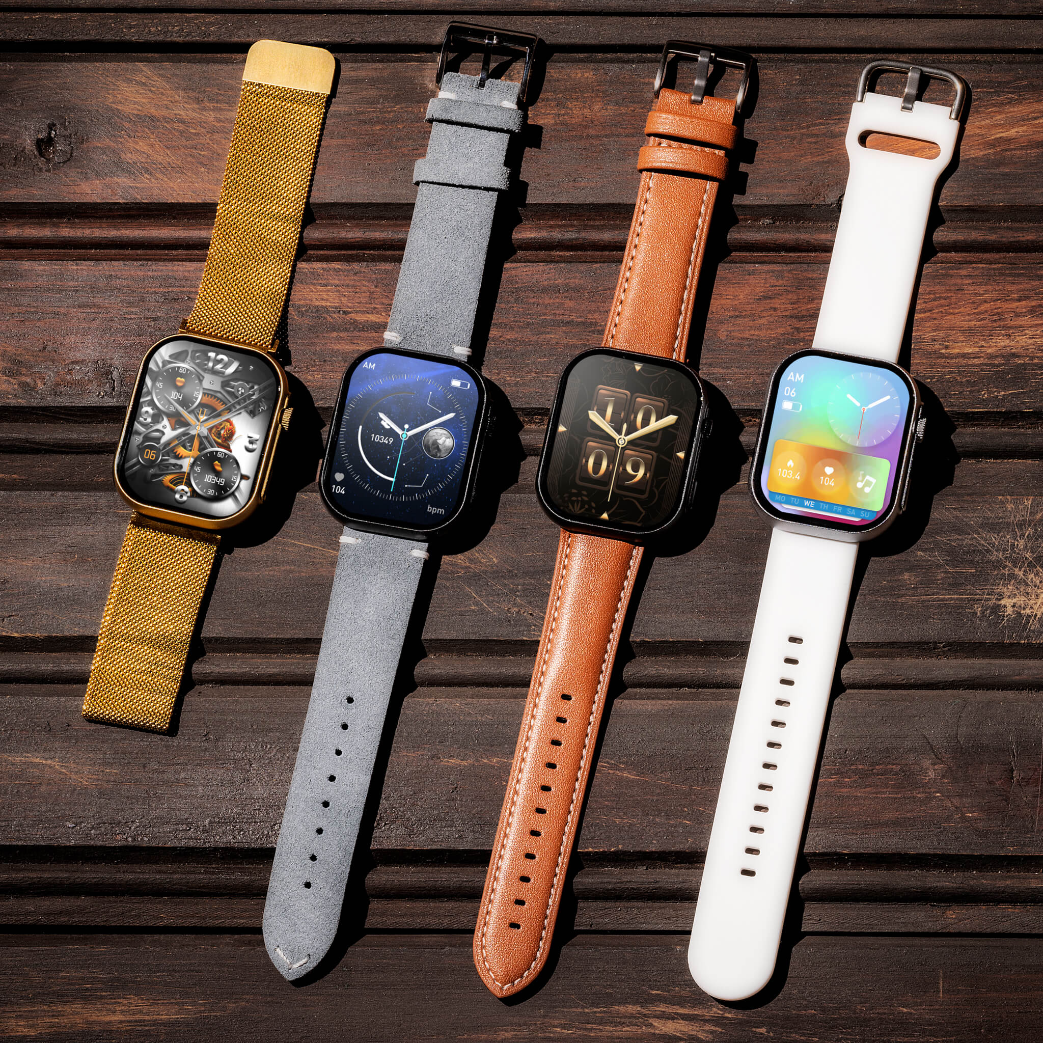 a variety of laggios smartwatchs with interchangeable bands and straps on like leather, suede, steel, and sport.