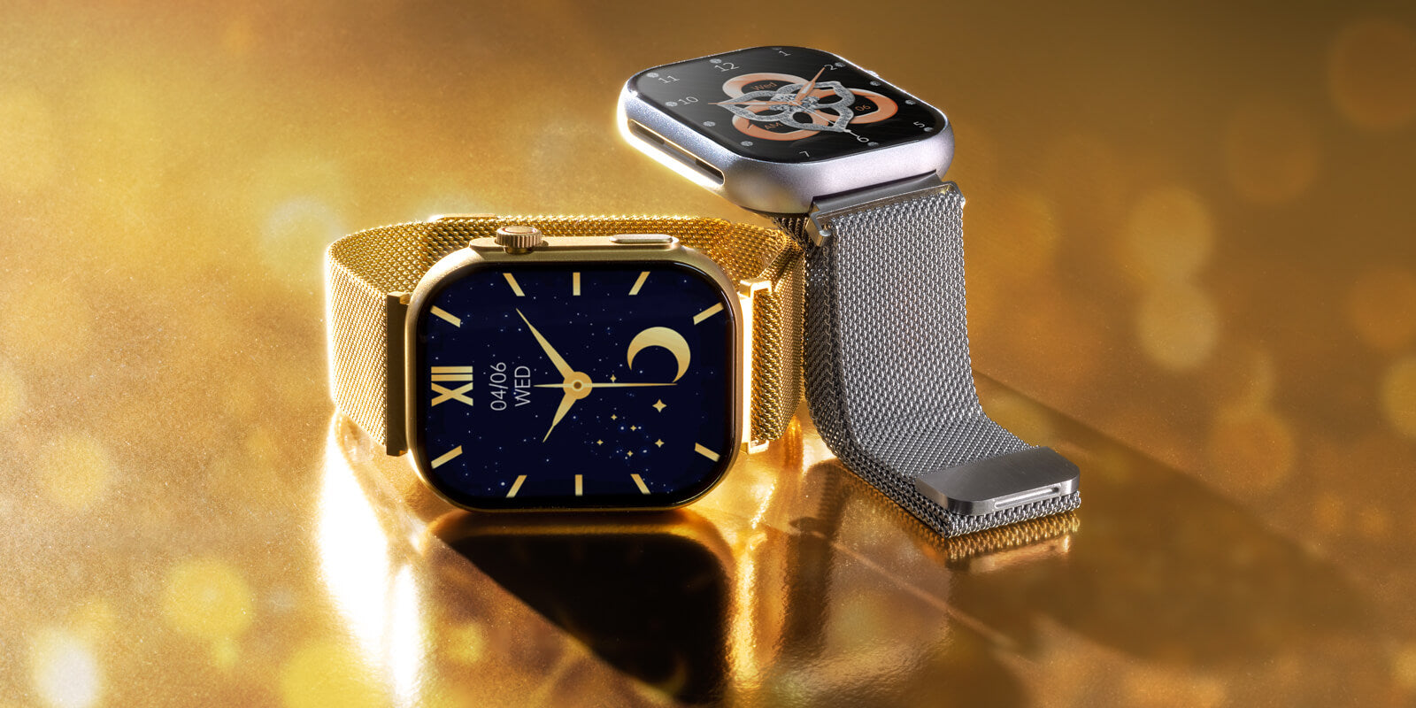 two prime smartwatches with gold and silver steel mesh bracelets in a custom background.