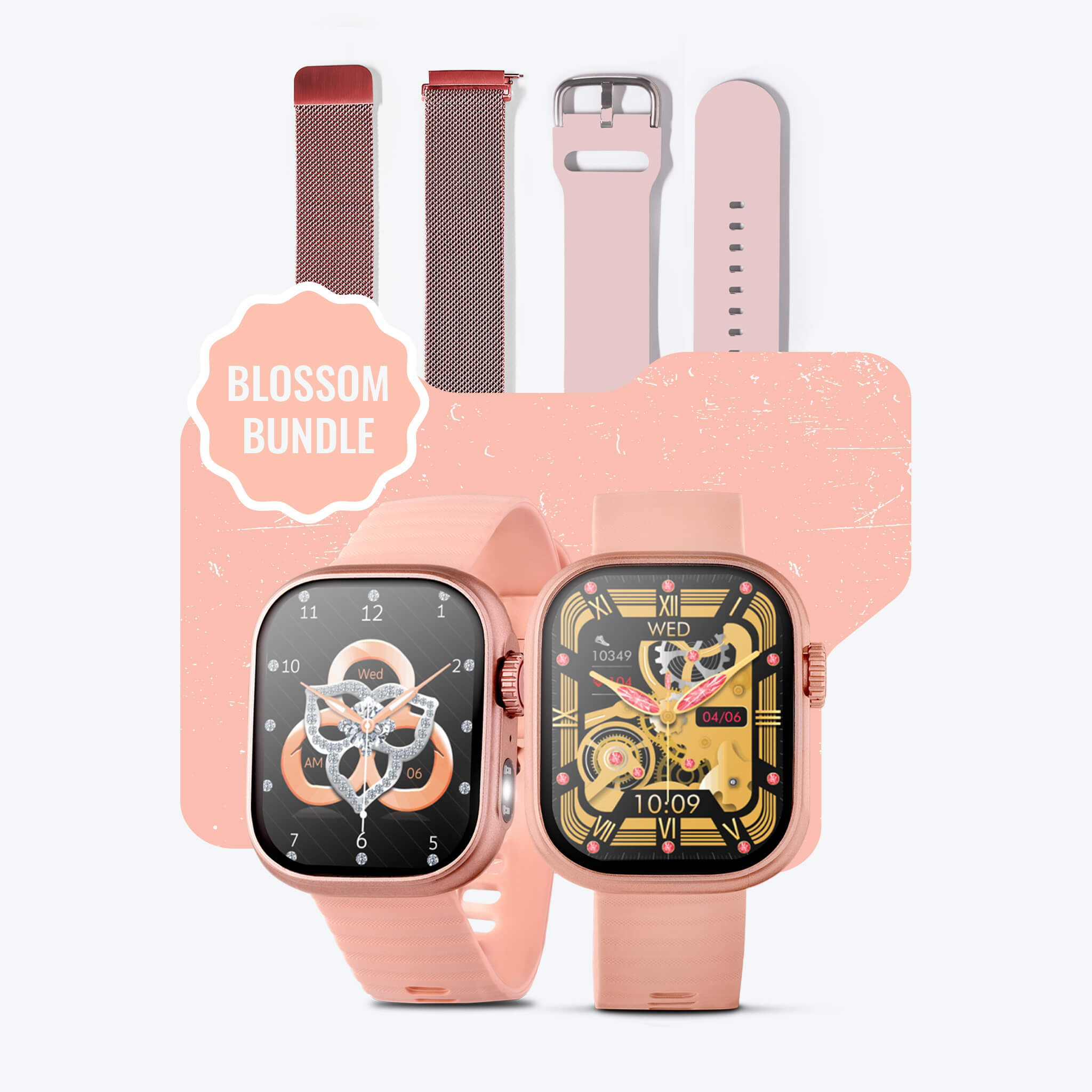 two pink lynx smartwatches with two pink bands behind for a bundle photo.