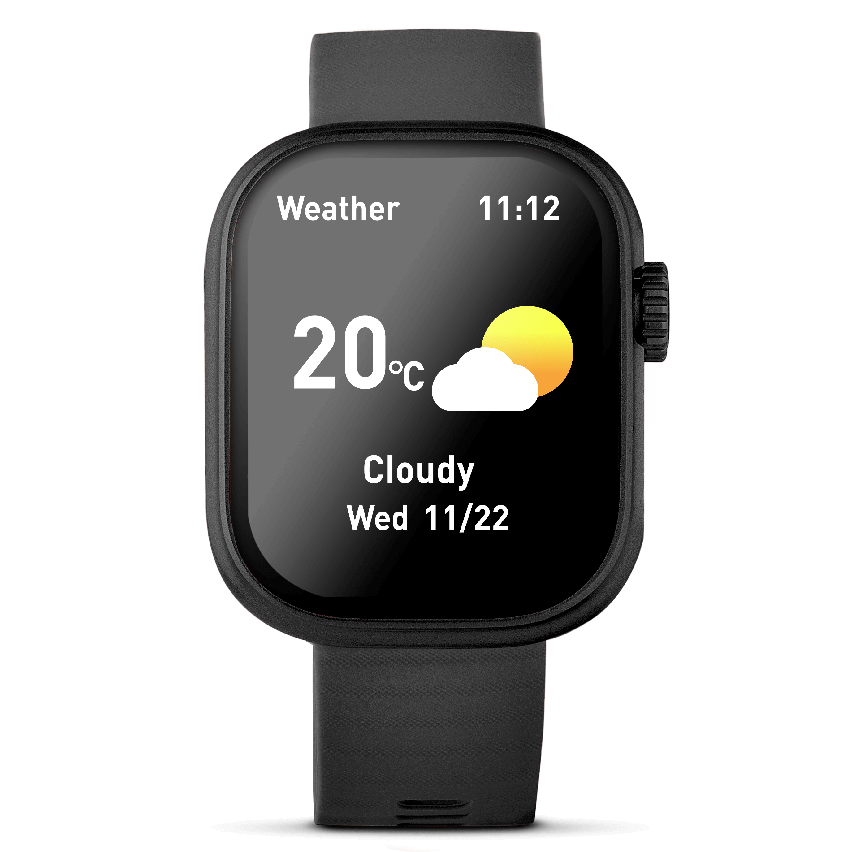 Silver Prime Smartwatch showing weather on the screen.