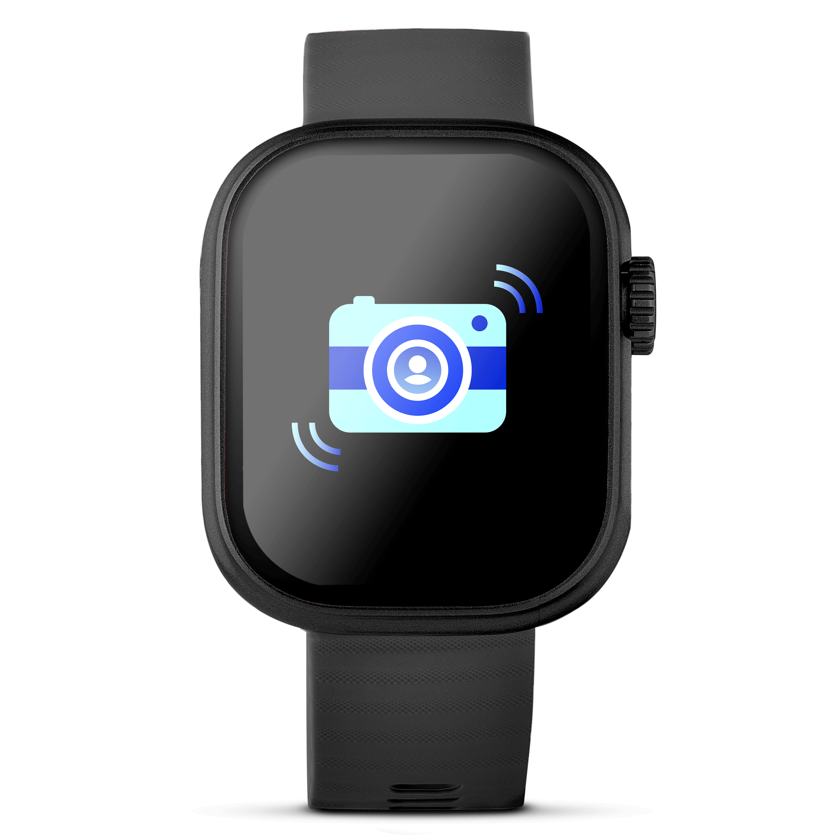 Silver Prime Smartwatch showing camera shutter on the screen.