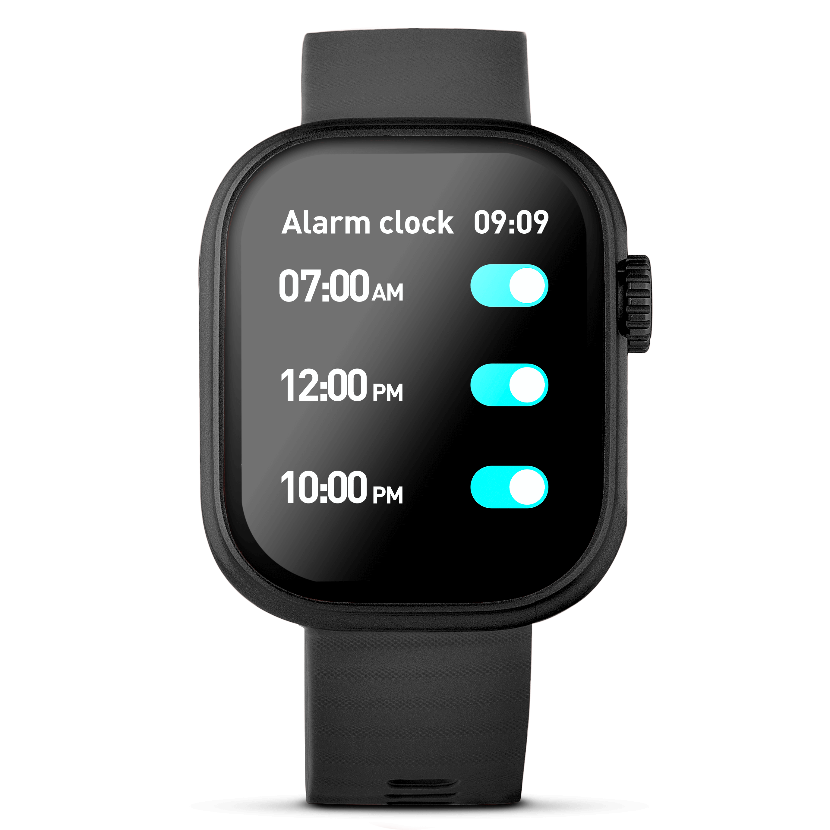 Black lynx smartwatch showing alarm features on the screen.