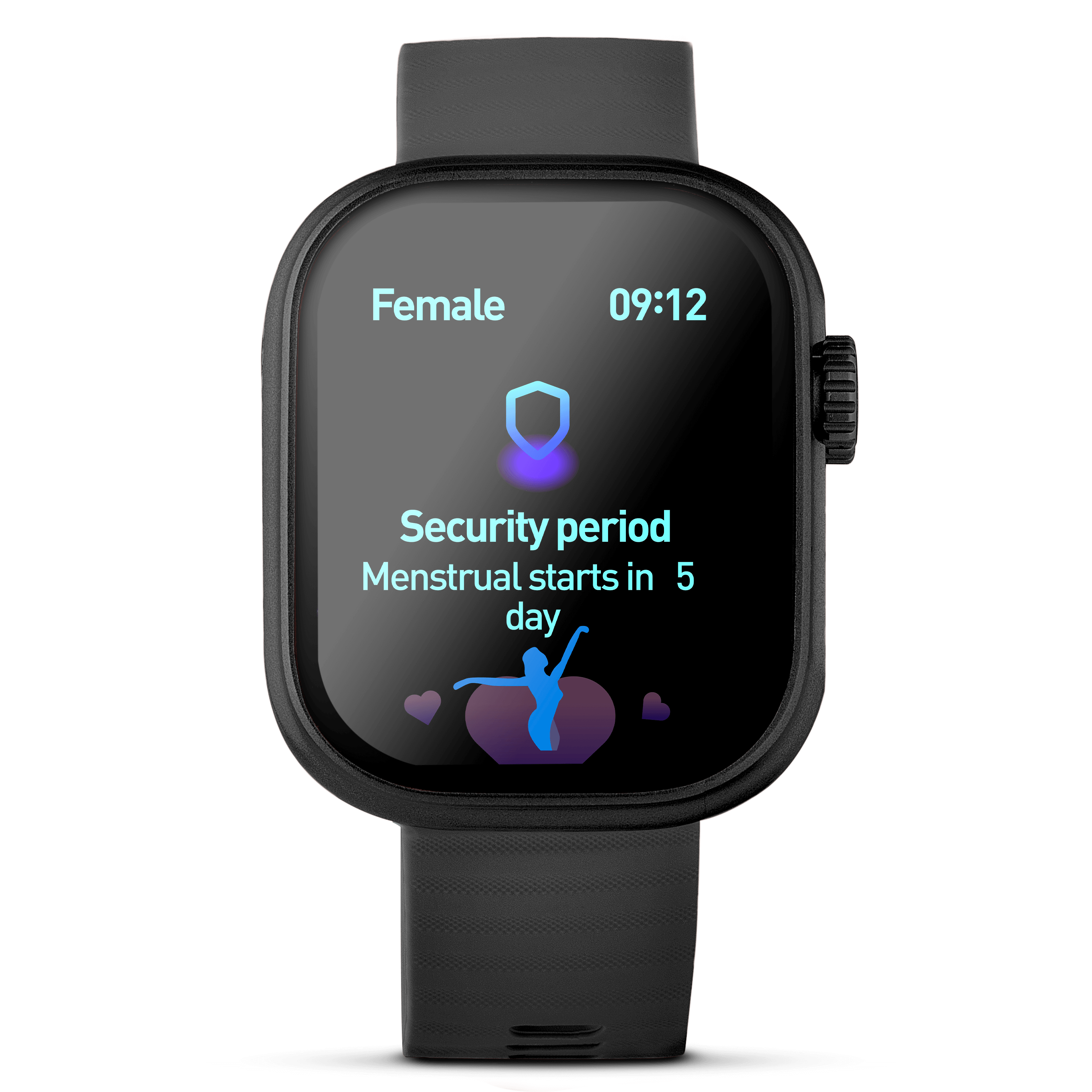 Black lynx smartwatch showing menstrual tracker on the screen.