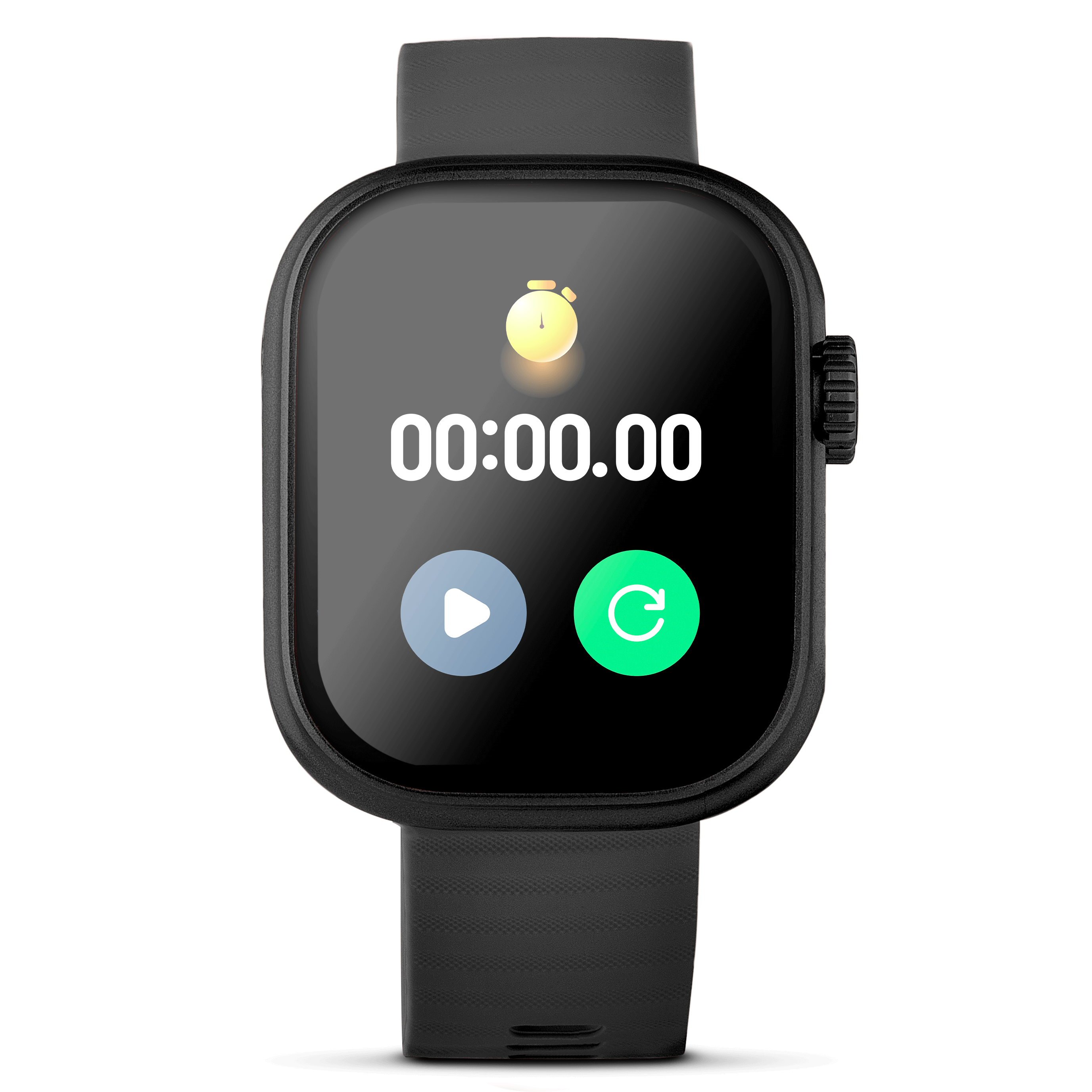 Silver Prime Smartwatch showing stopwatch on the screen.