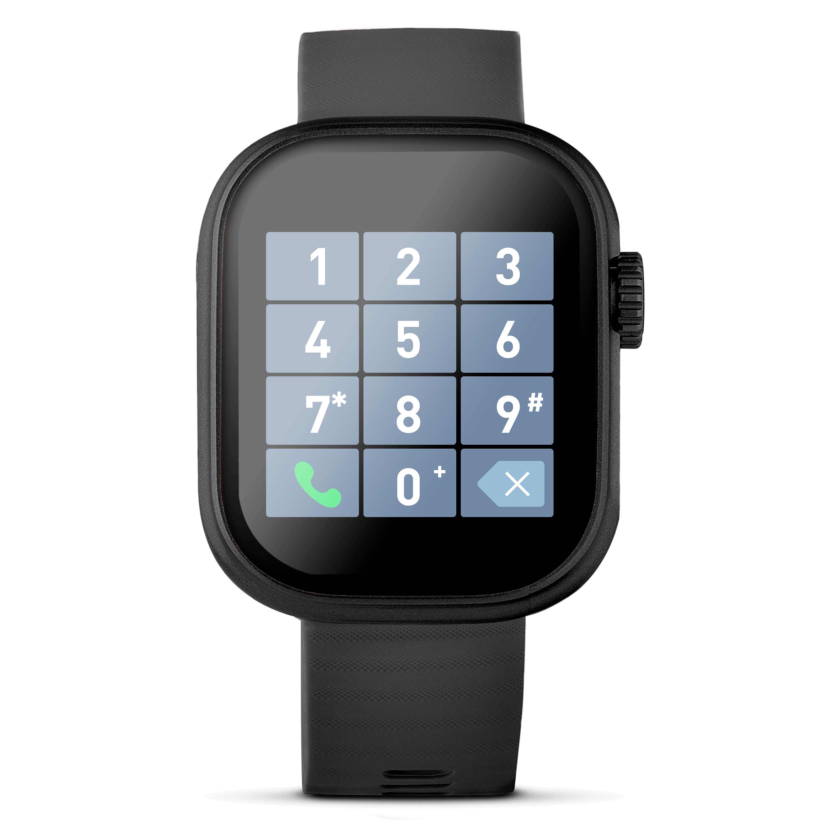 Black lynx smartwatch showing number pad on the screen.