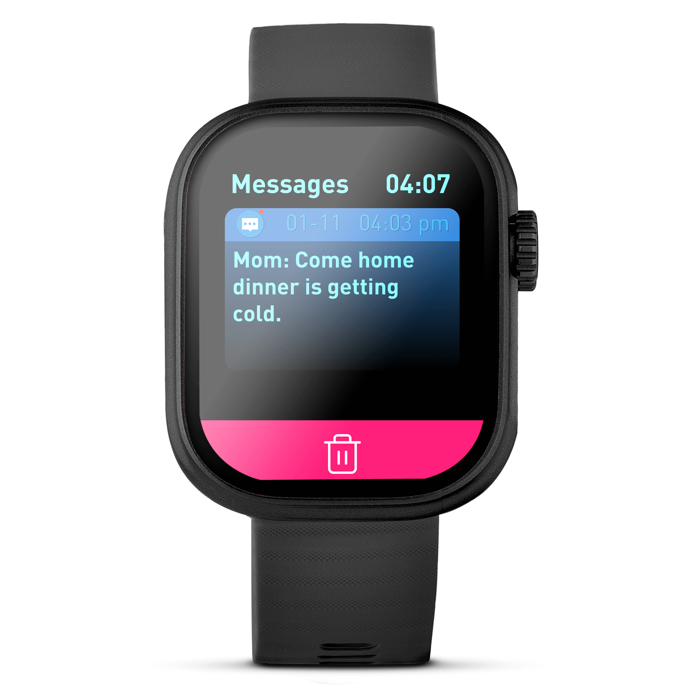 Black lynx smartwatch showing message notifications on the screen.