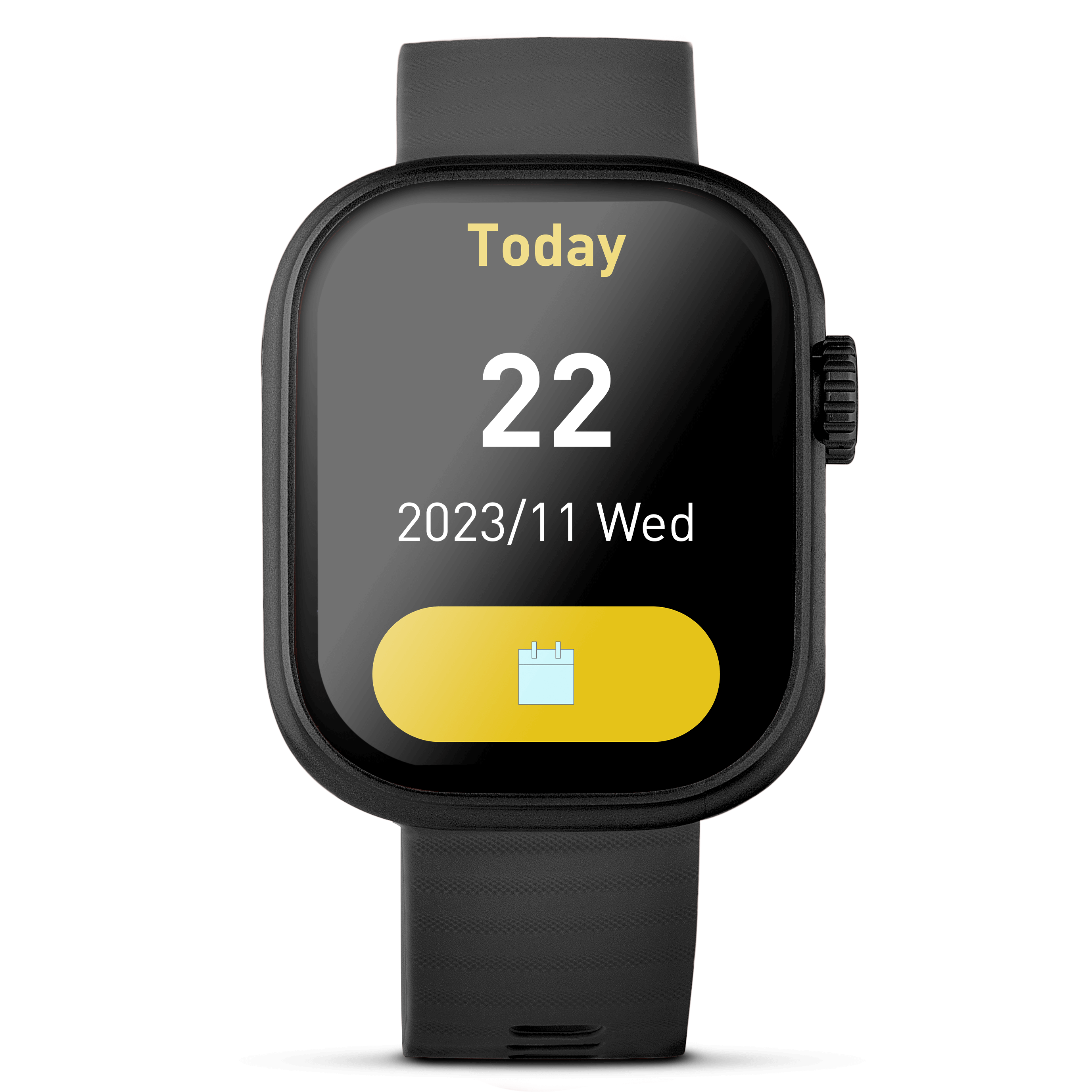 Silver Prime Smartwatch showing calender on the screen.