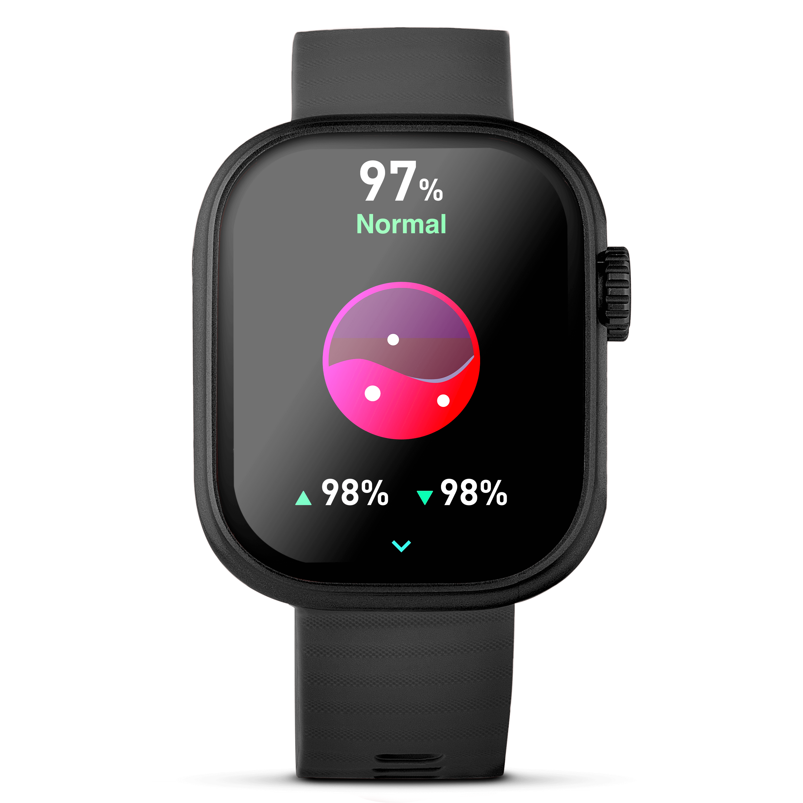 Black lynx smartwatch showing blood oxygen reader on screen.