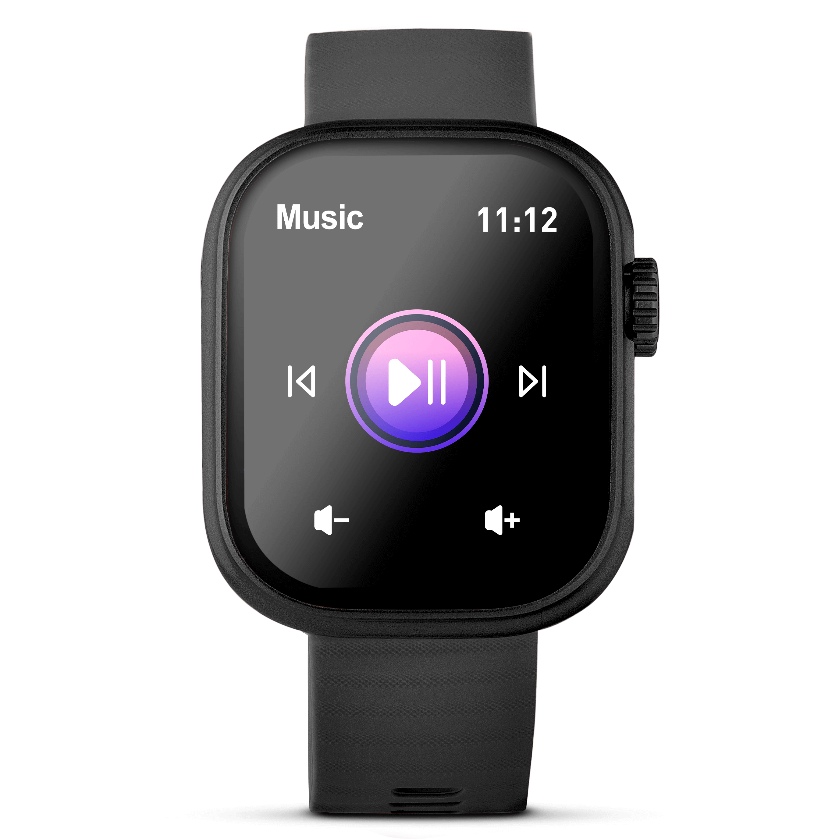 Black lynx smartwatch showing music player on the screen.