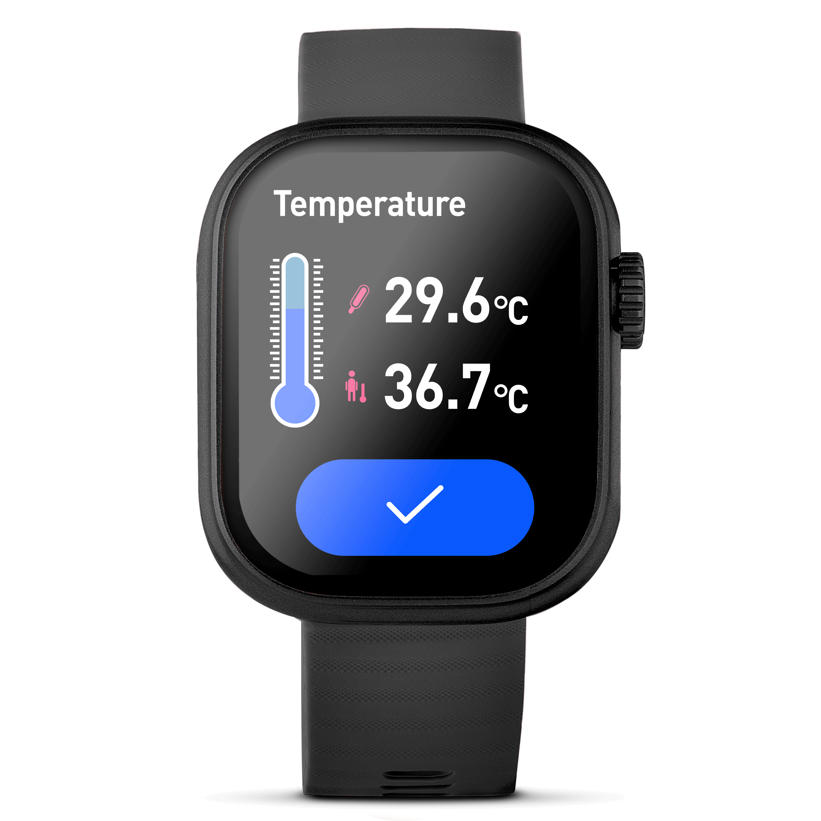 Black lynx smartwatch showing built in thermometer on screen.