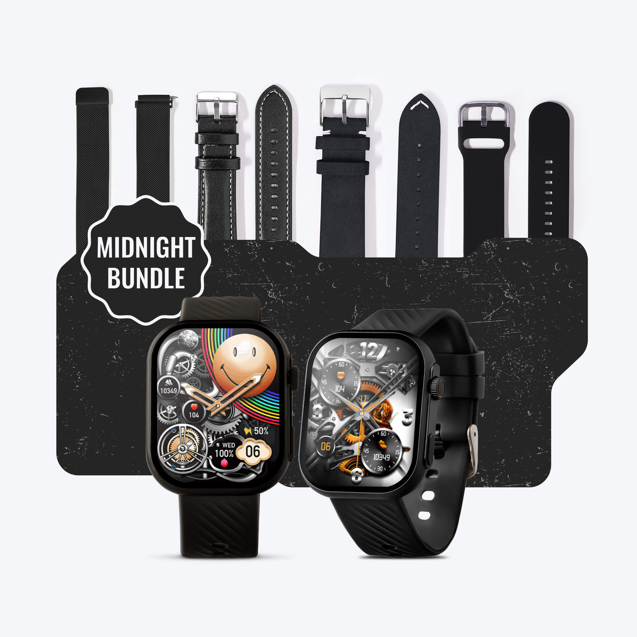 a black themed bundle product photo called midnight bundle featuring a black prime smartwatch and our whole collection of black straps.