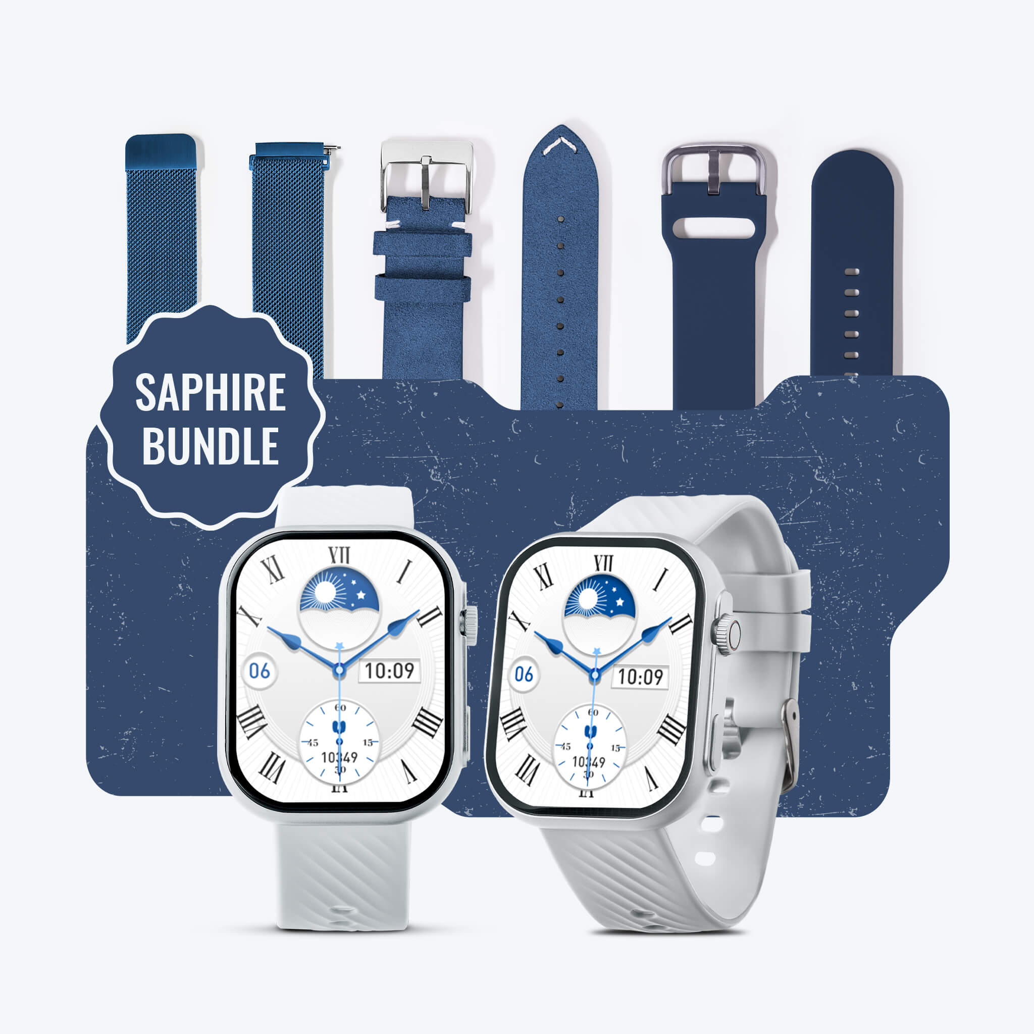 a blue themed bundle product photo featuring a silver prime smartwatch and our whole collection of all of our blue straps.