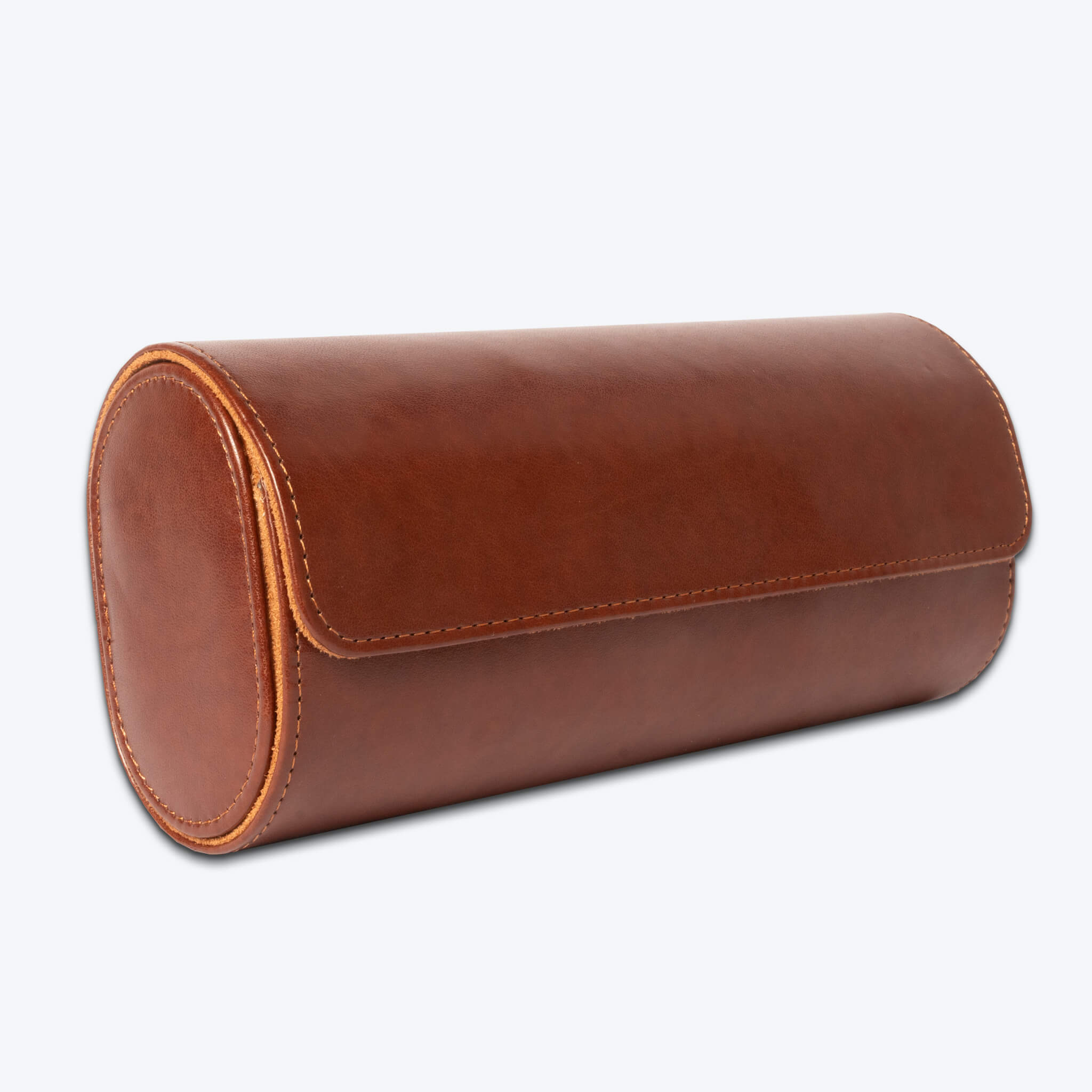 side front view of brown leather watch roll.