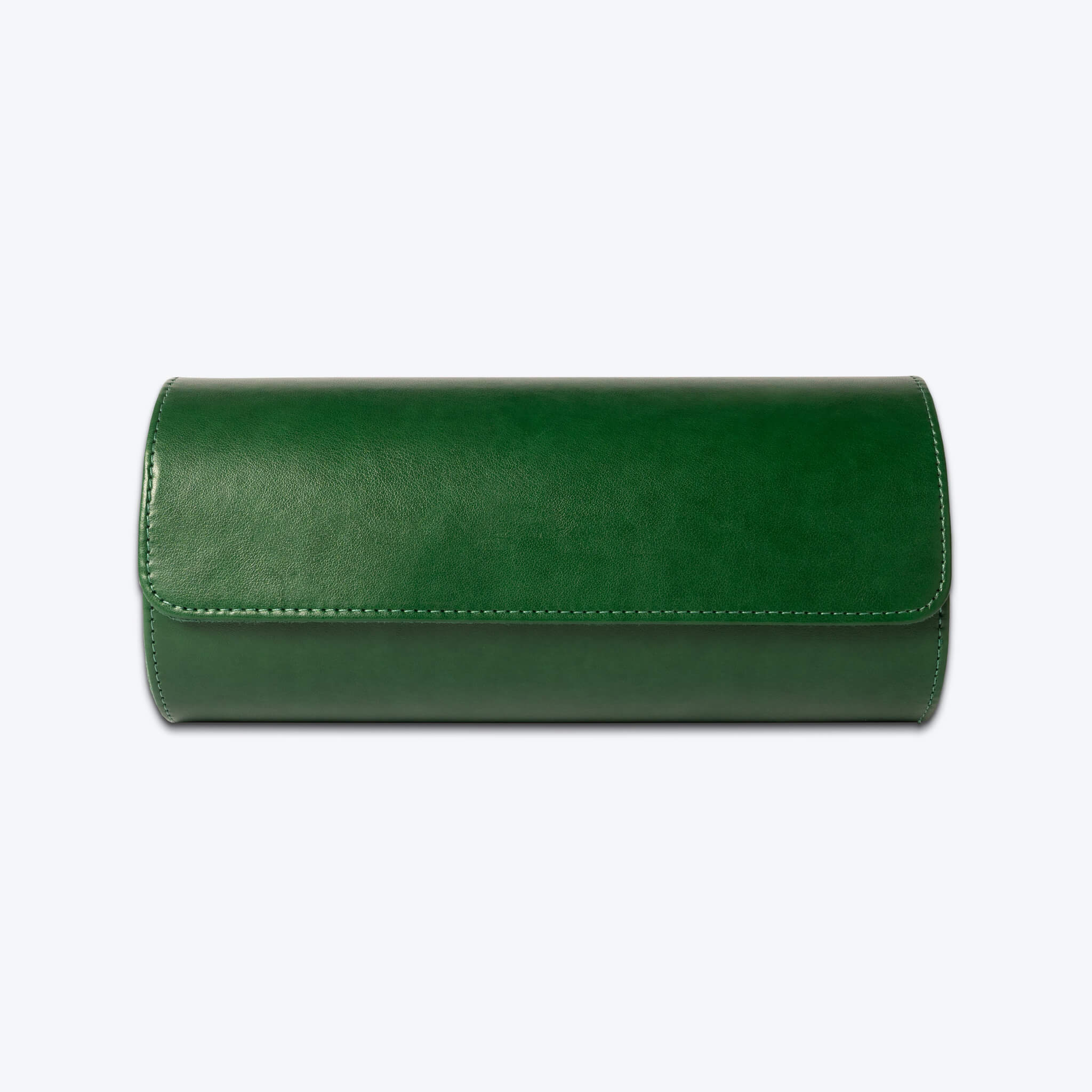 Front view of closed green leather watch roll.