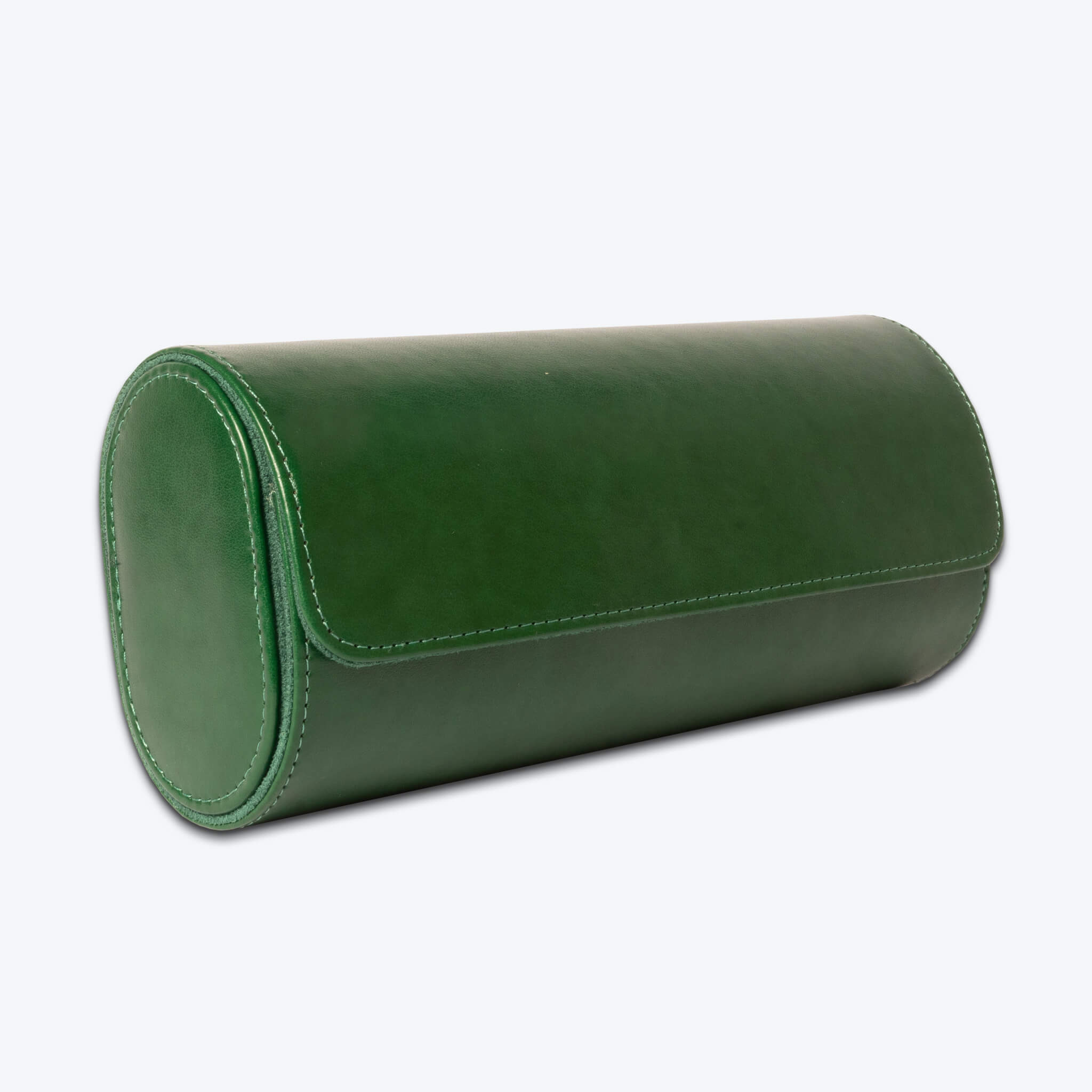 side front view of green leather watch roll.