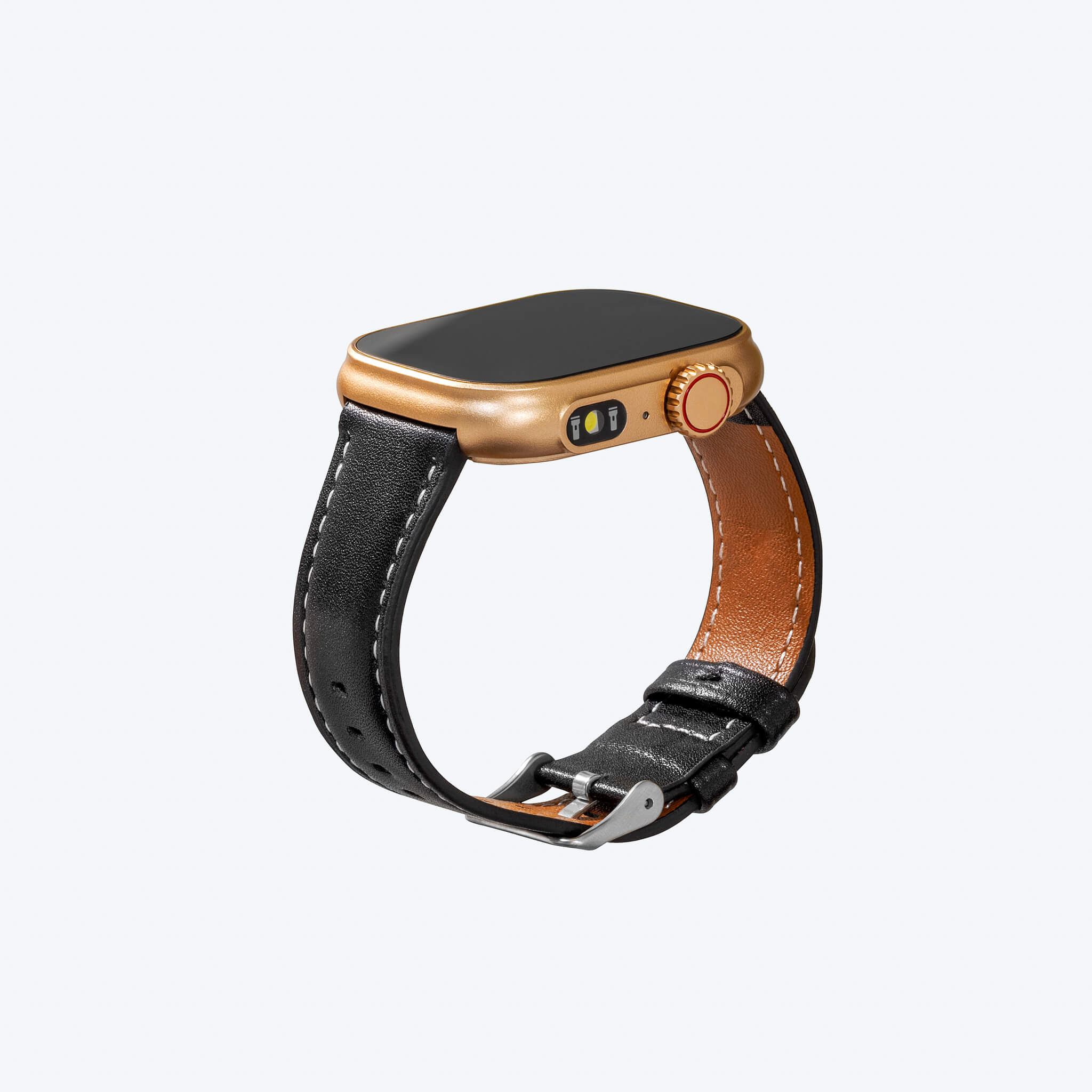 lynx smartwatch in black leather strap in plain background.