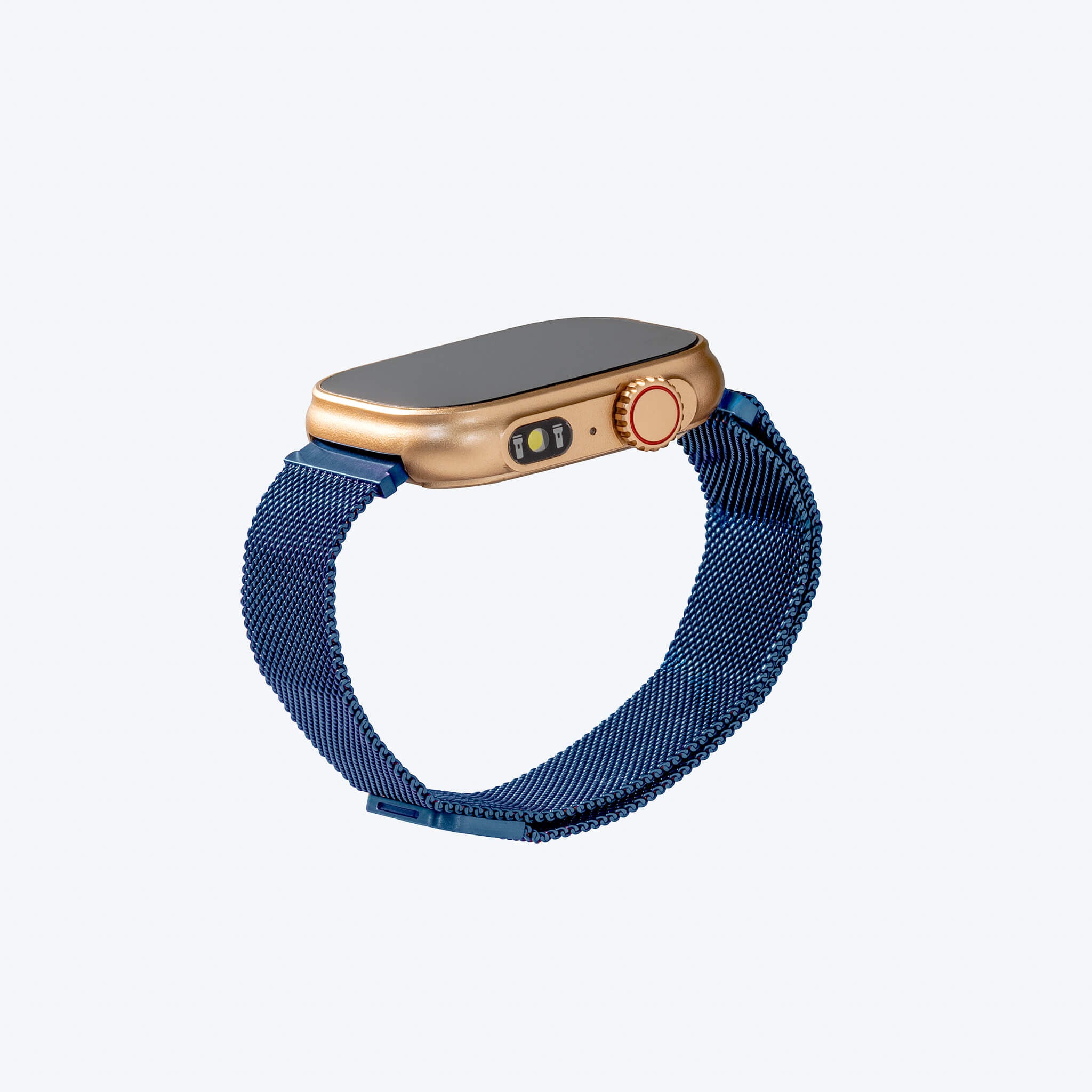 Lynx smartwatch in blue steel mesh bracelet in plain background.