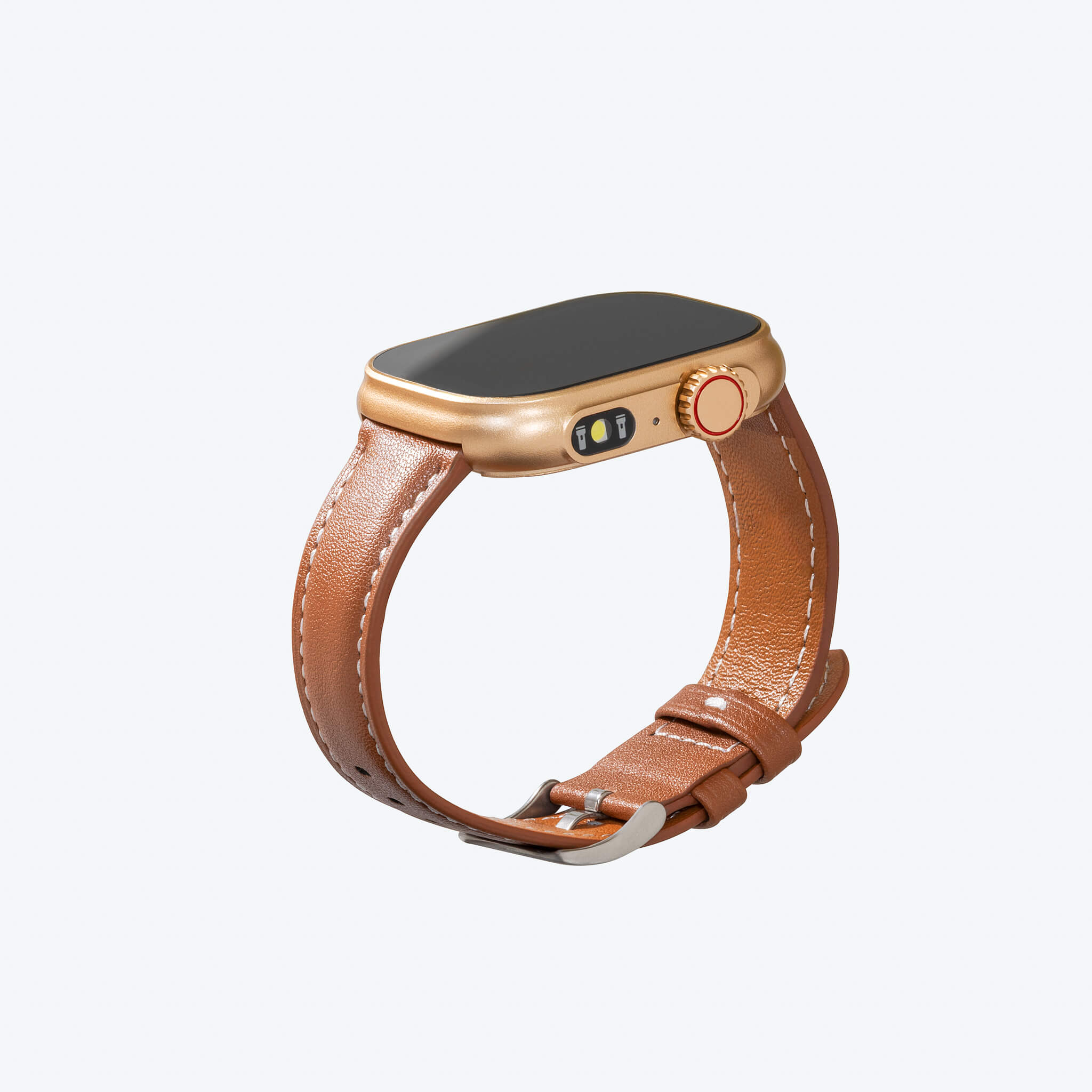 lynx smartwatch in brown leather strap in plain background.