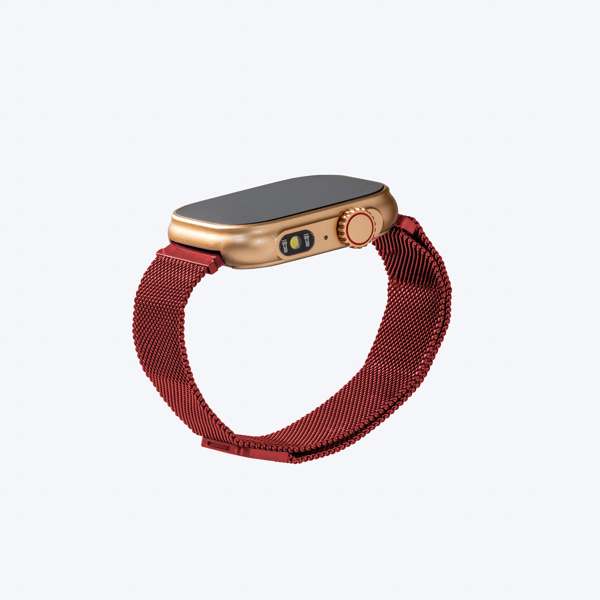 Lynx smartwatch in red steel mesh bracelet in plain background.