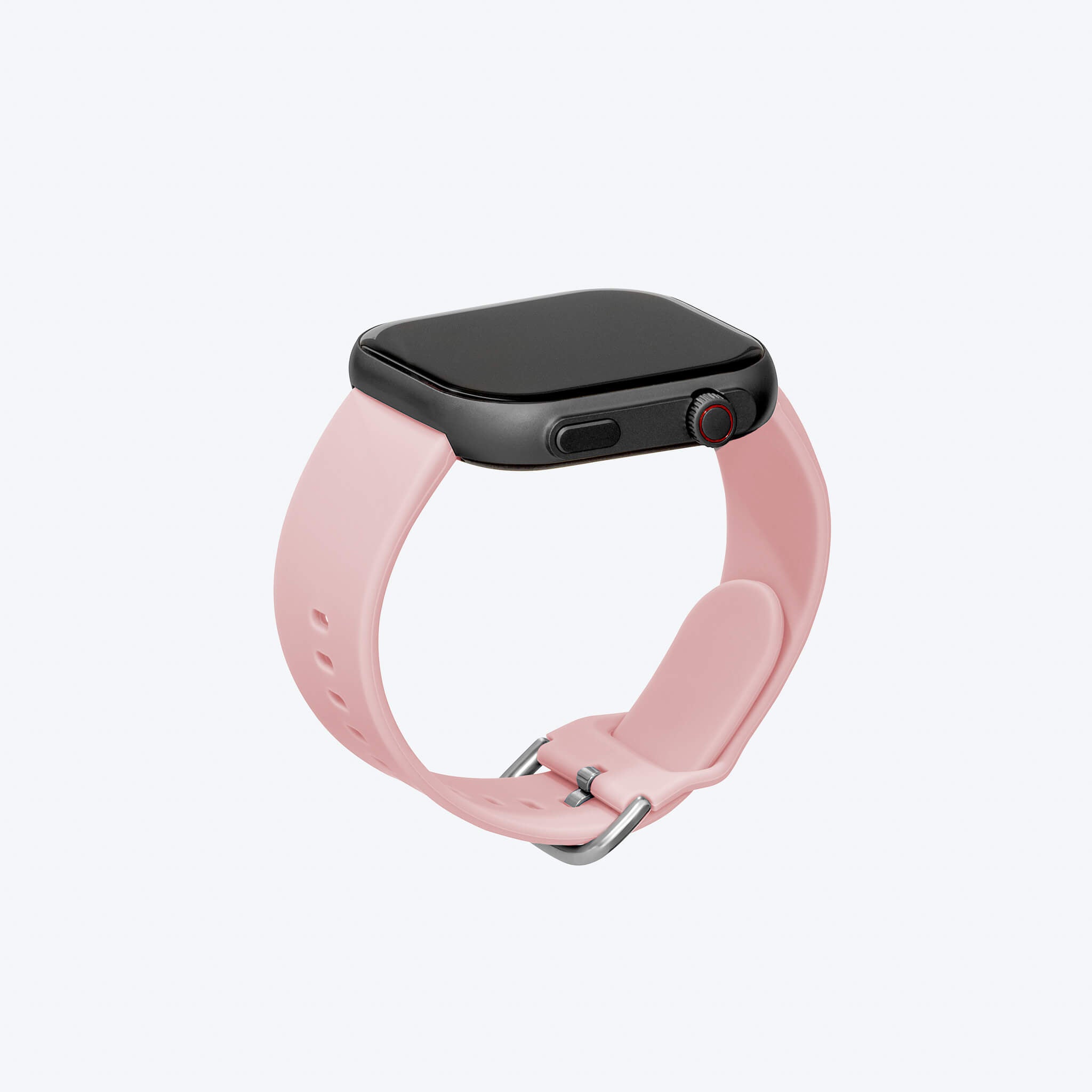 prime smartwatch in pink sport band in plain background.