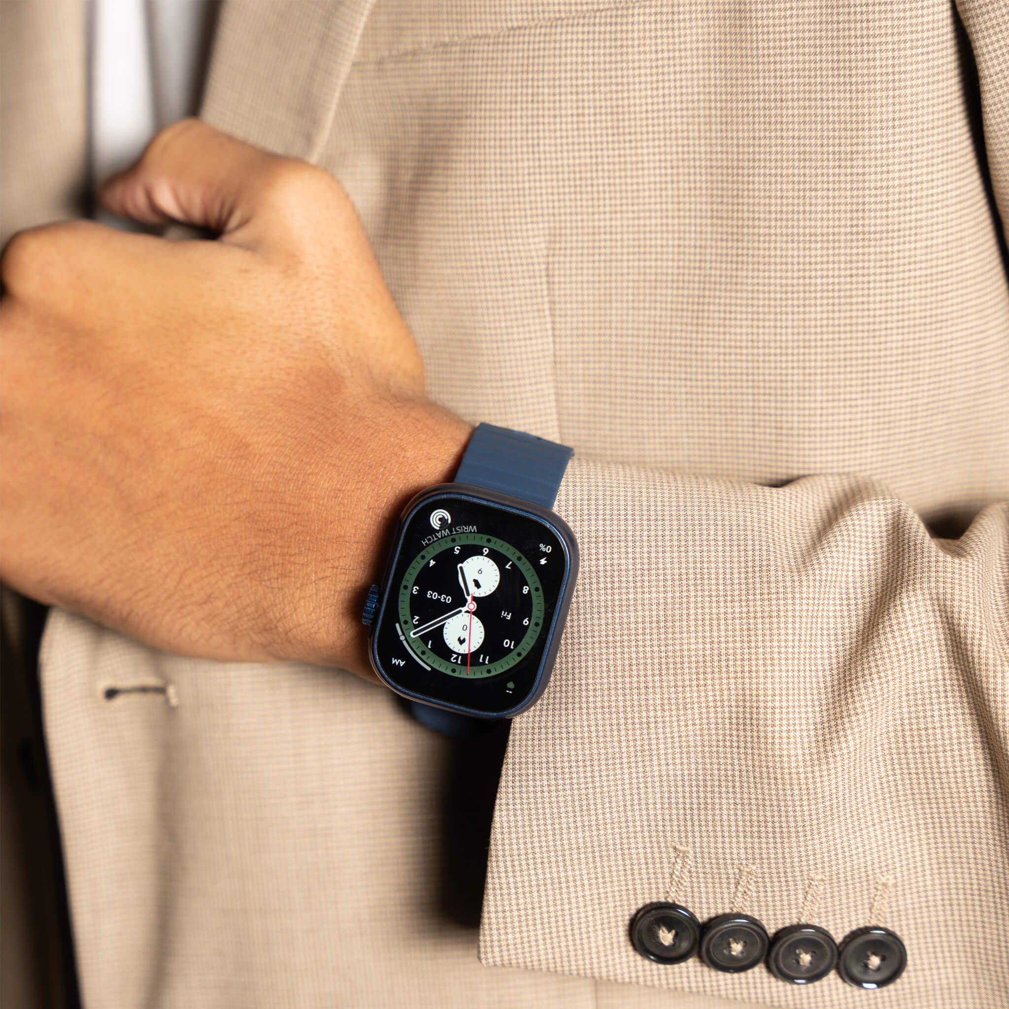 closeup of luis wrist wearing blue lynx smartwatch.