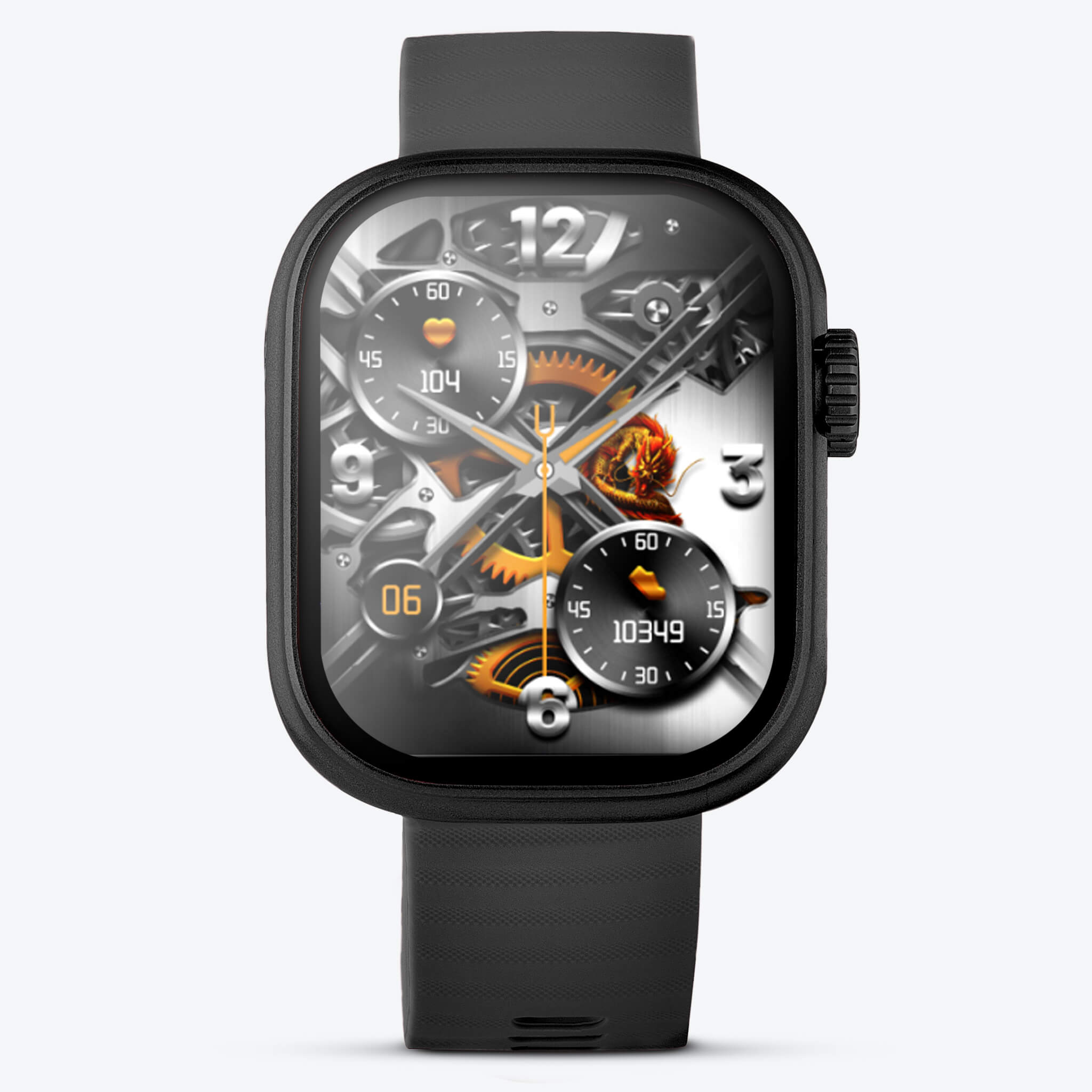 Front view of black lynx smartwatch in plain background.