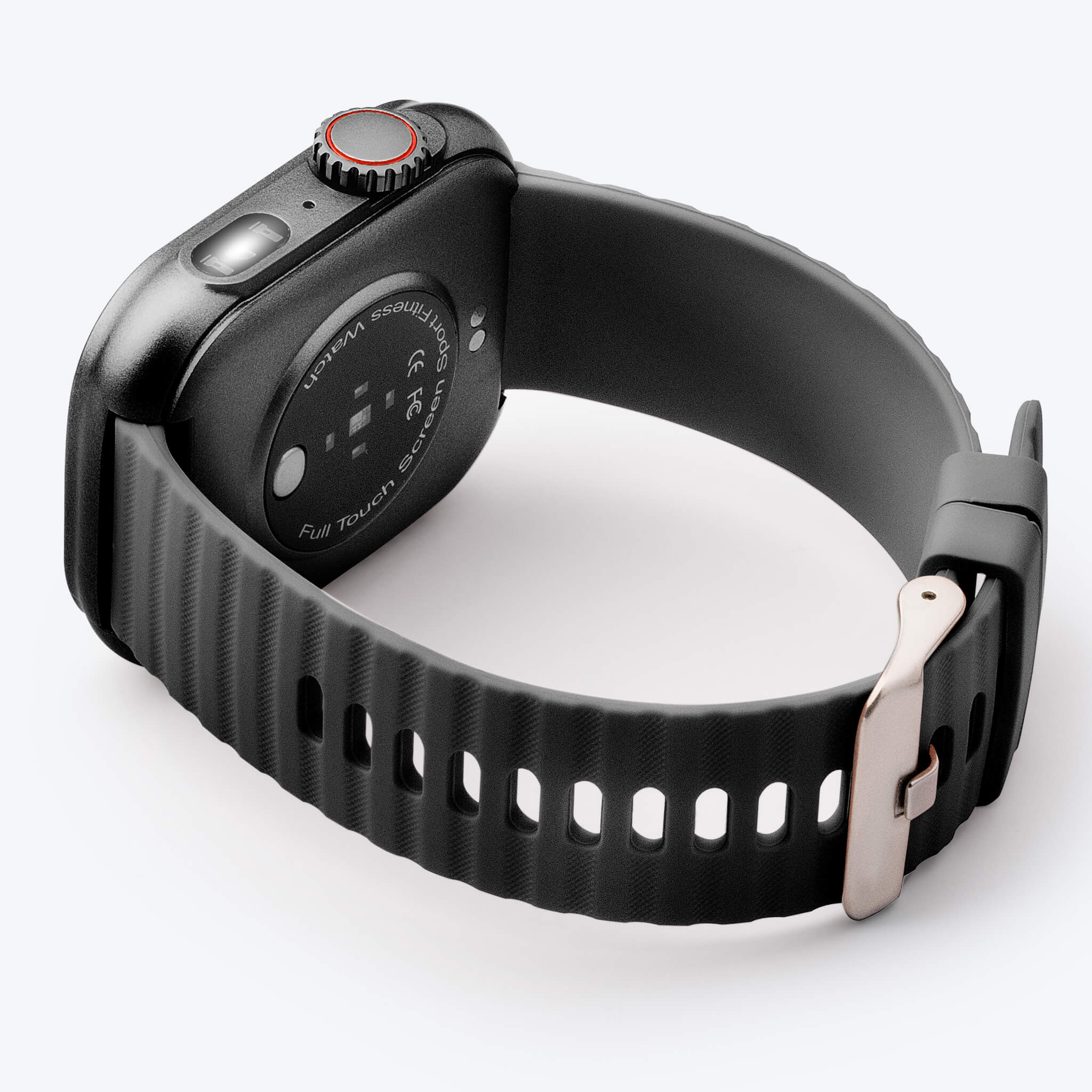 side view of black lynx smartwatch laying down in plain background.