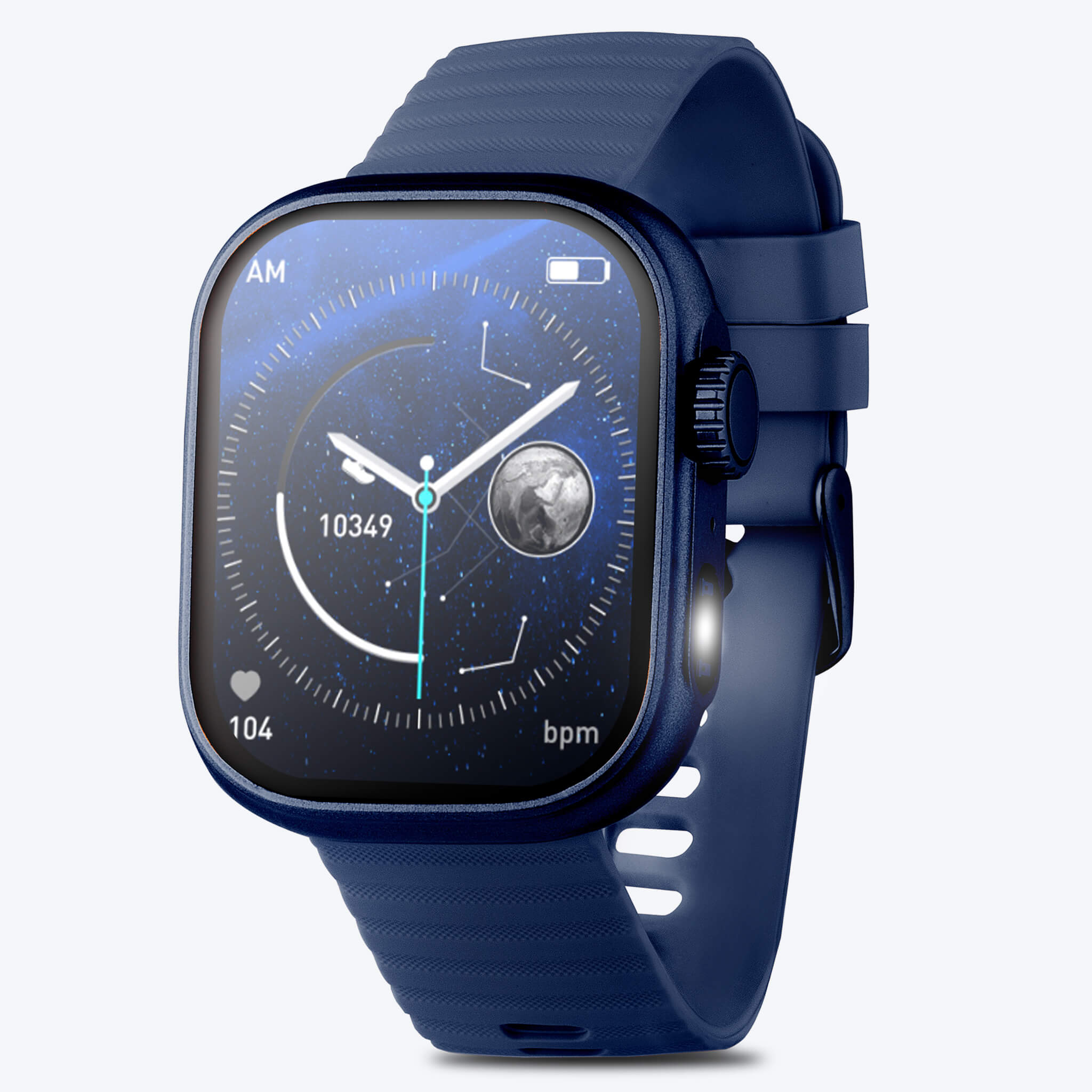 side front view of blue lynx smartwatch in plain background.