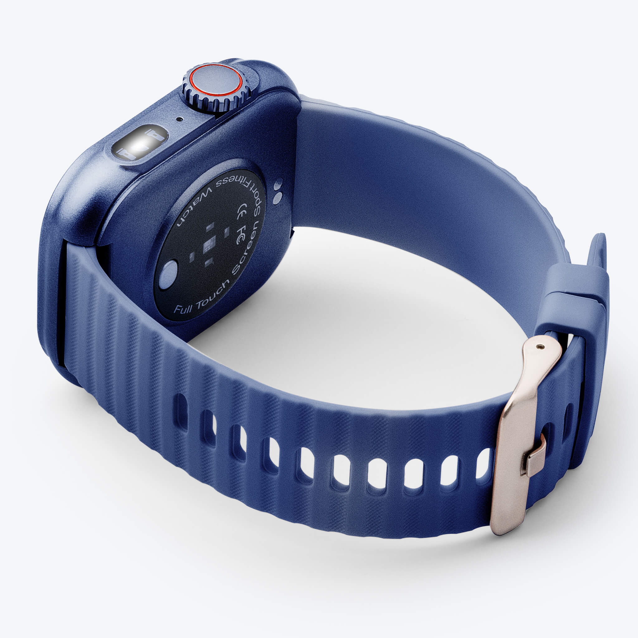 side view of blue lynx smartwatch laying down in plain background.