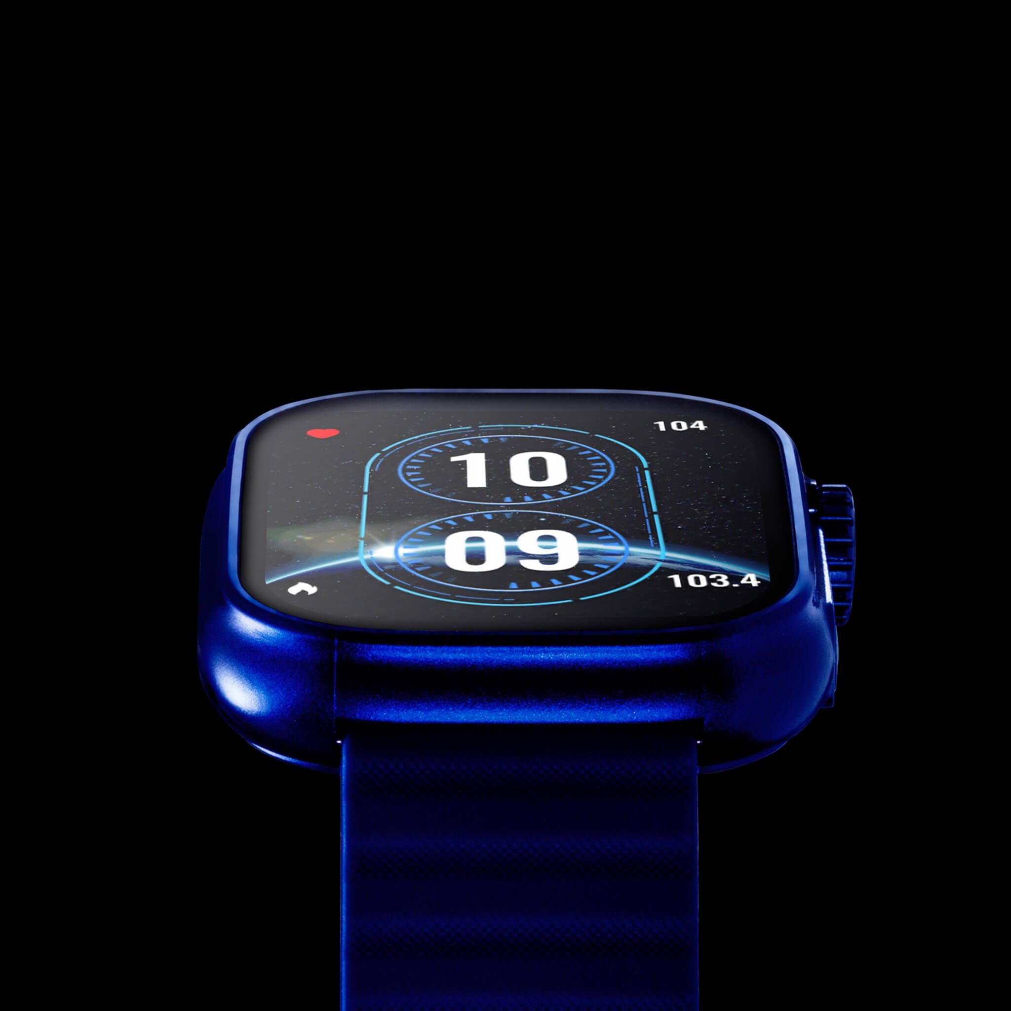 Closeup view of blue lynx smartwatch with black background.