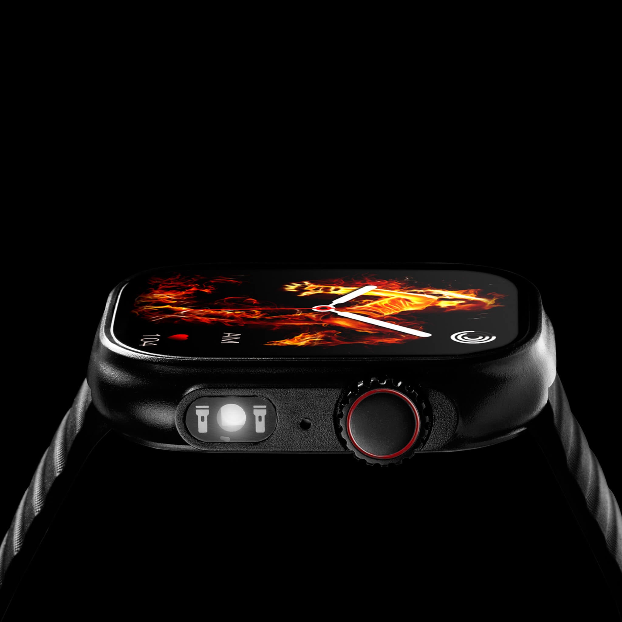 Zoom in view of rotary dial and flashlight of black lynx smartwatch in black background.