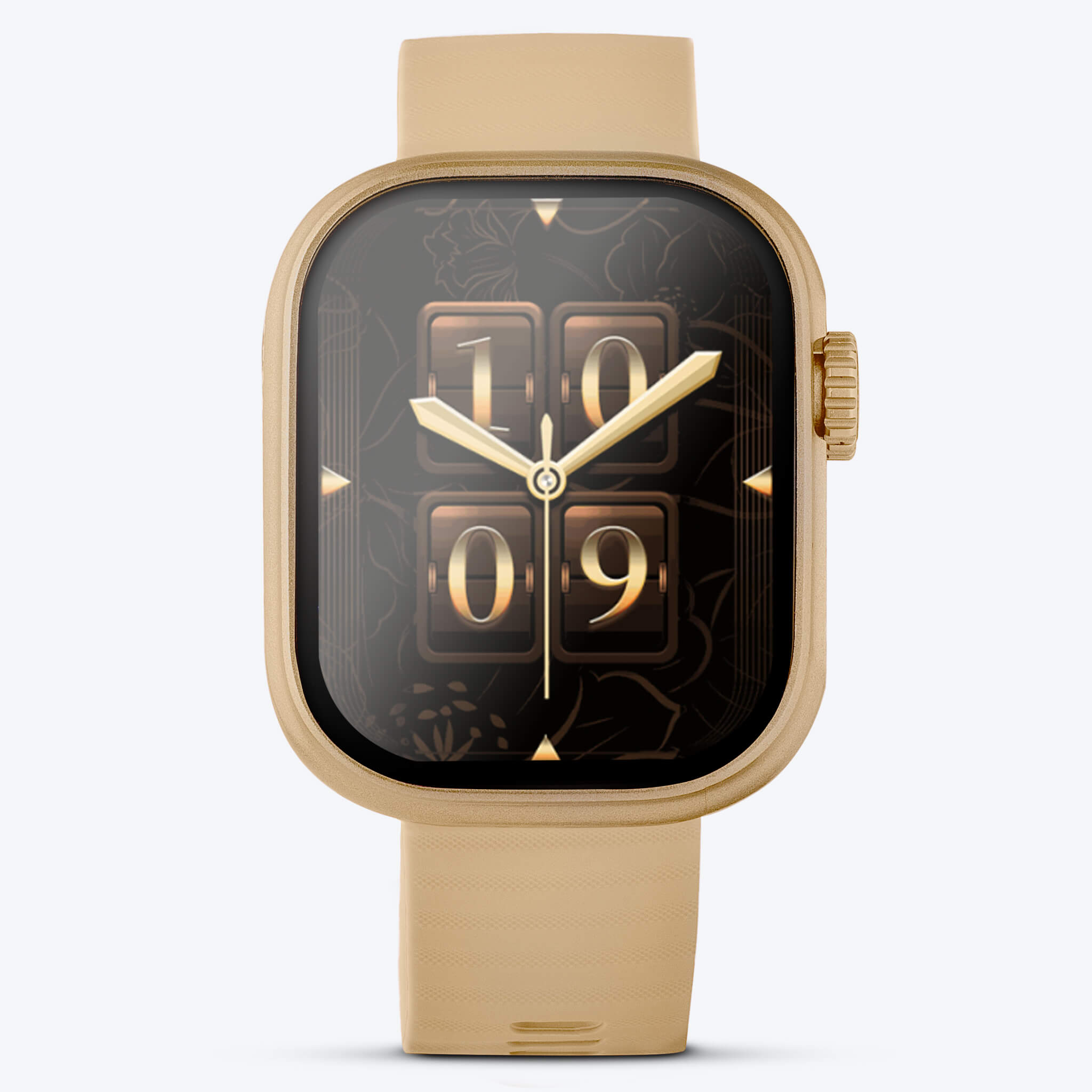 front view of gold lynx smartwatch in plain background.