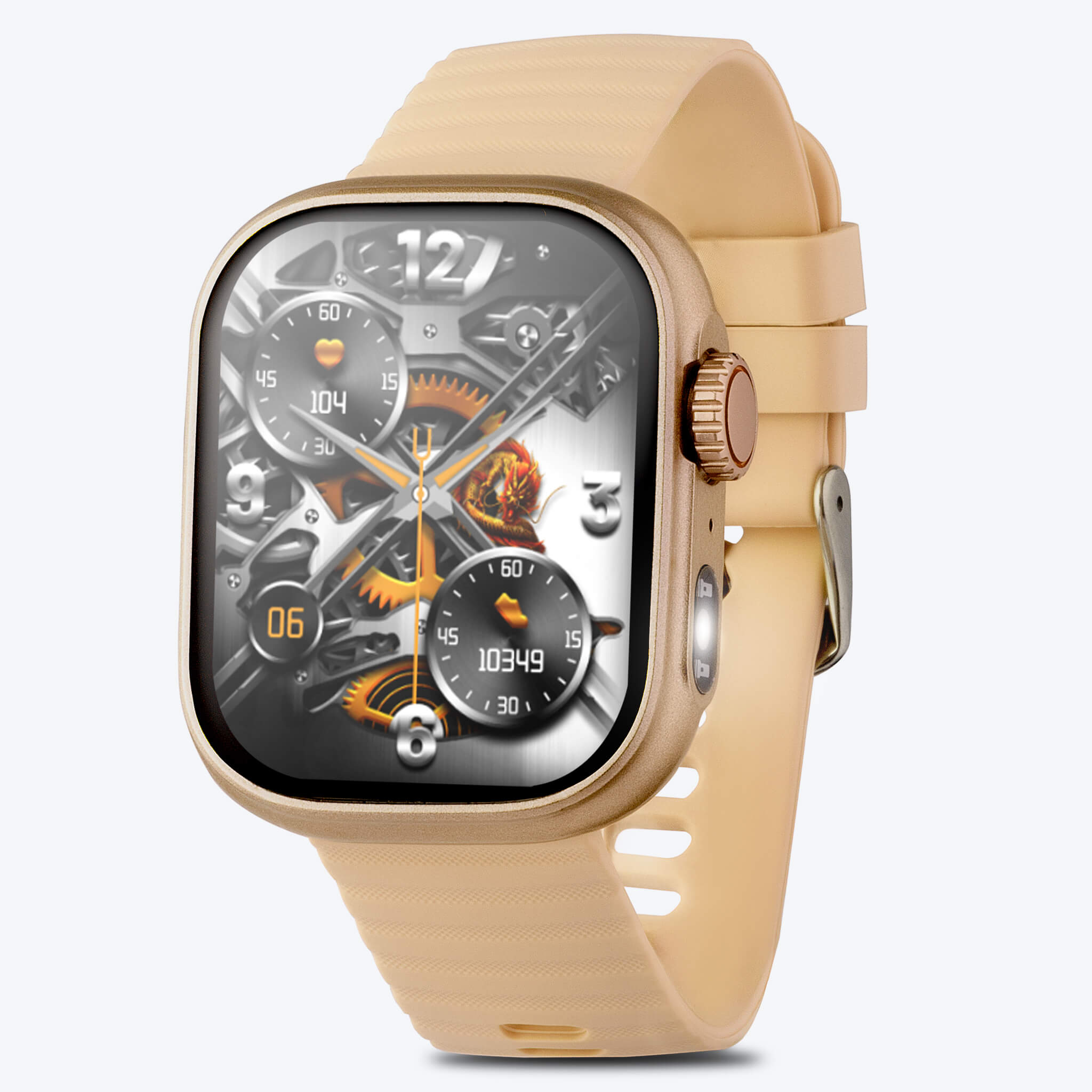 side front view of gold lynx smartwatch in plain background.