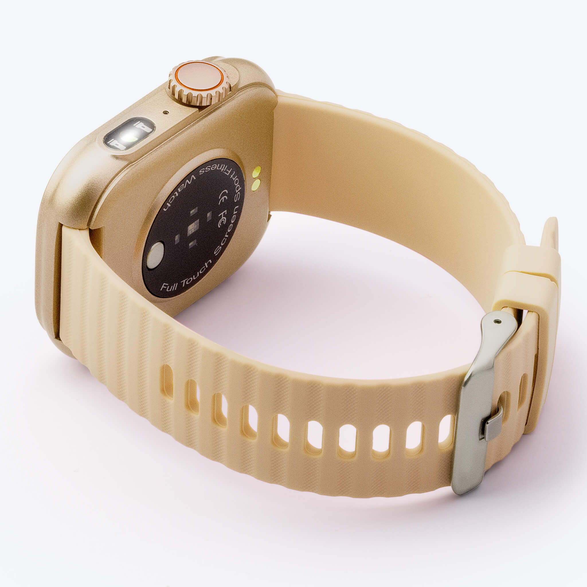 side view of gold lynx smartwatch laying down in plain background.