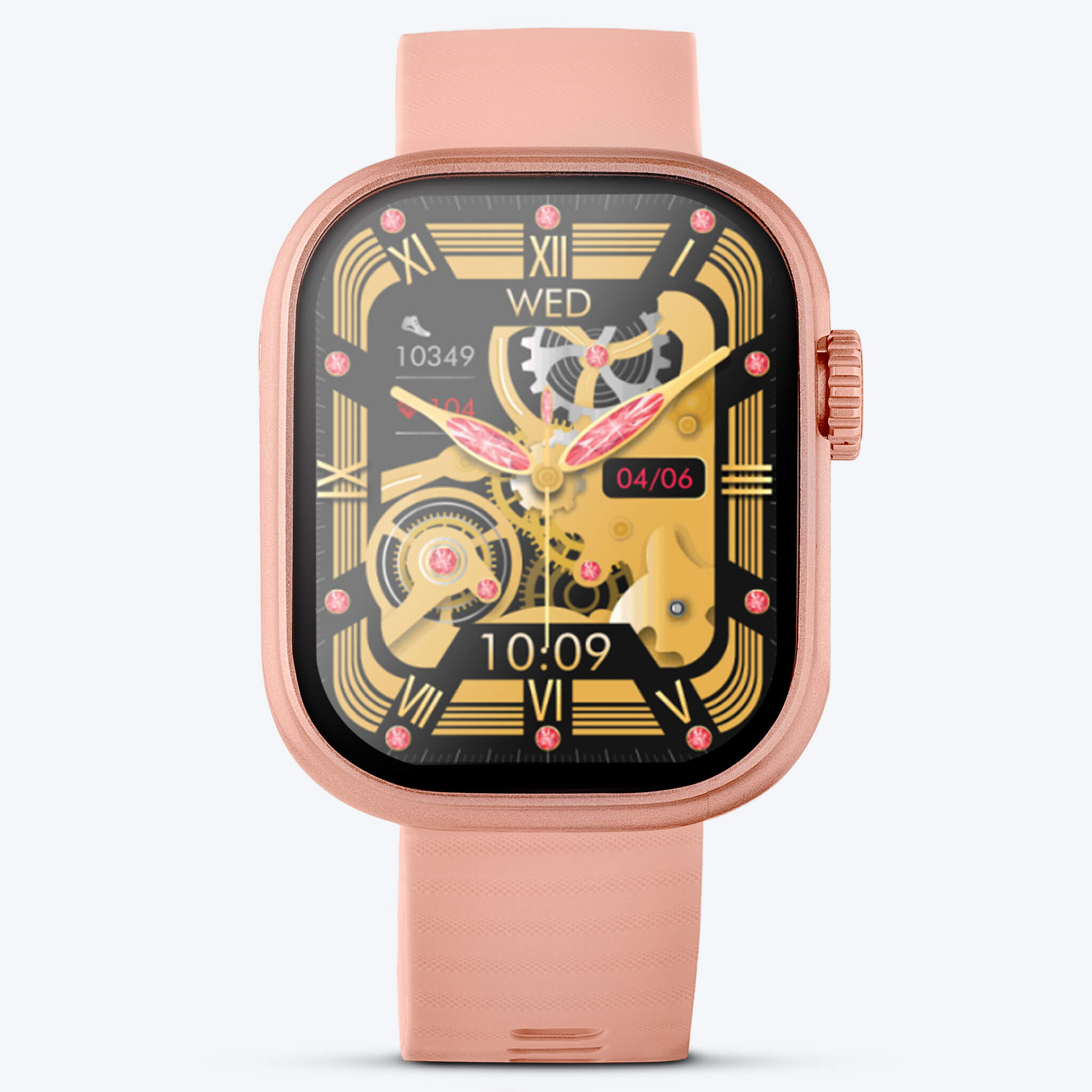 front view of pink lynx smartwatch in plain background.