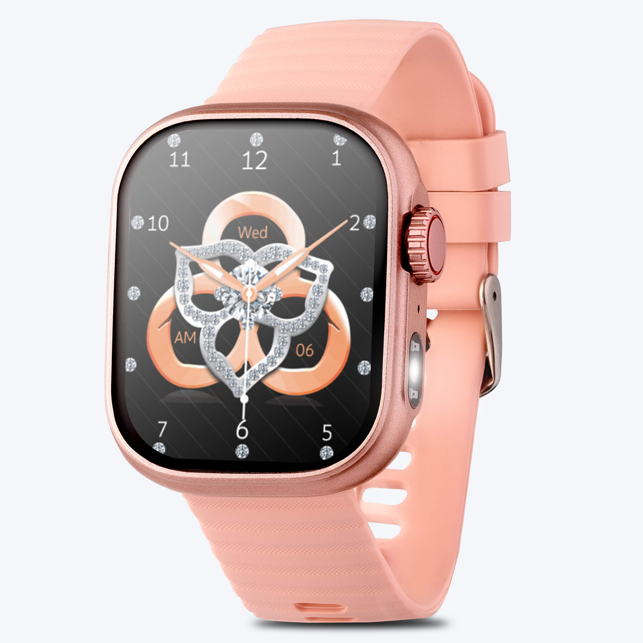 side front view of pink lynx smartwatch in plain background.