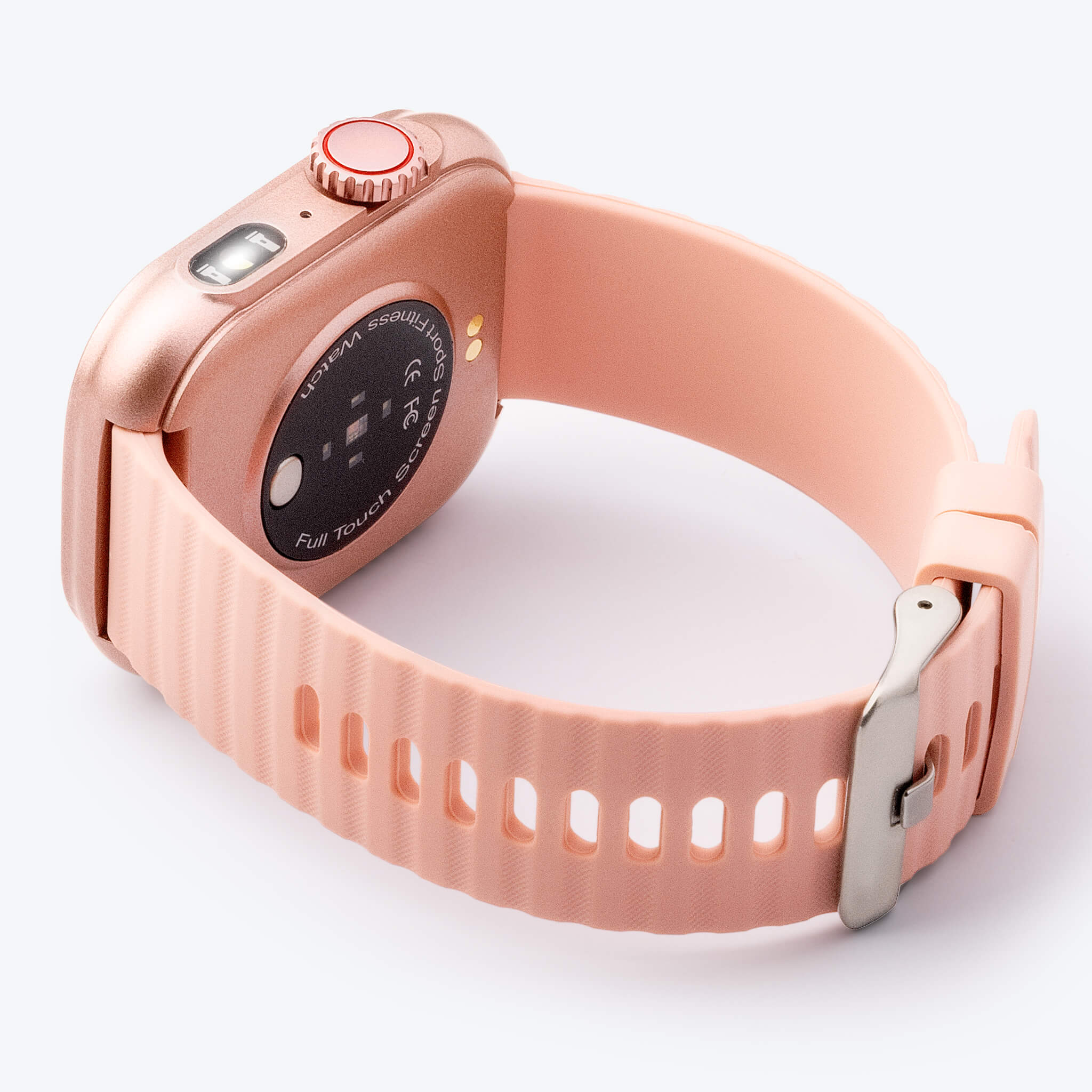 side view of pink lynx smartwatch laying down in plain background.