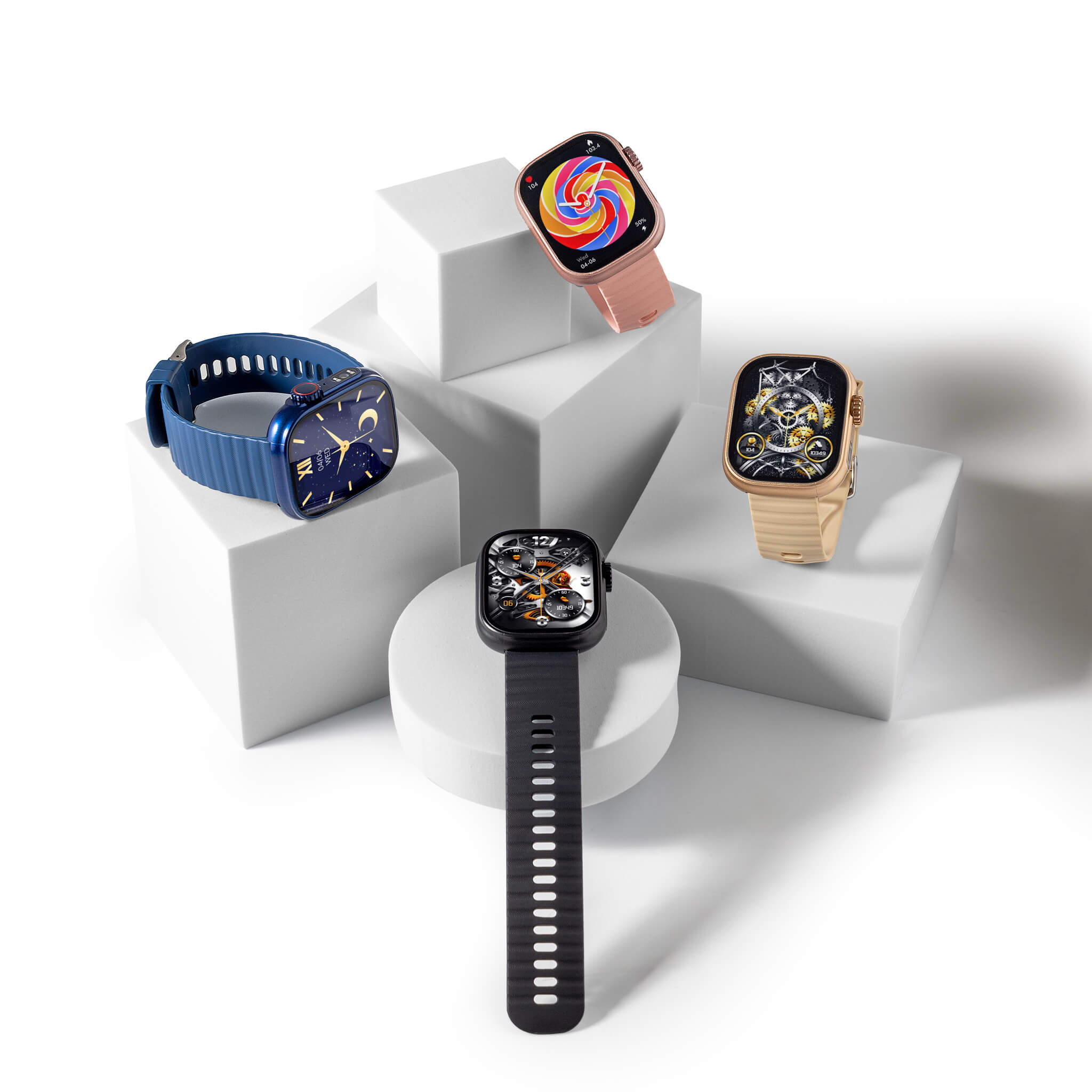 All four colors of lynx smartwatches on blocks in a custom white background.