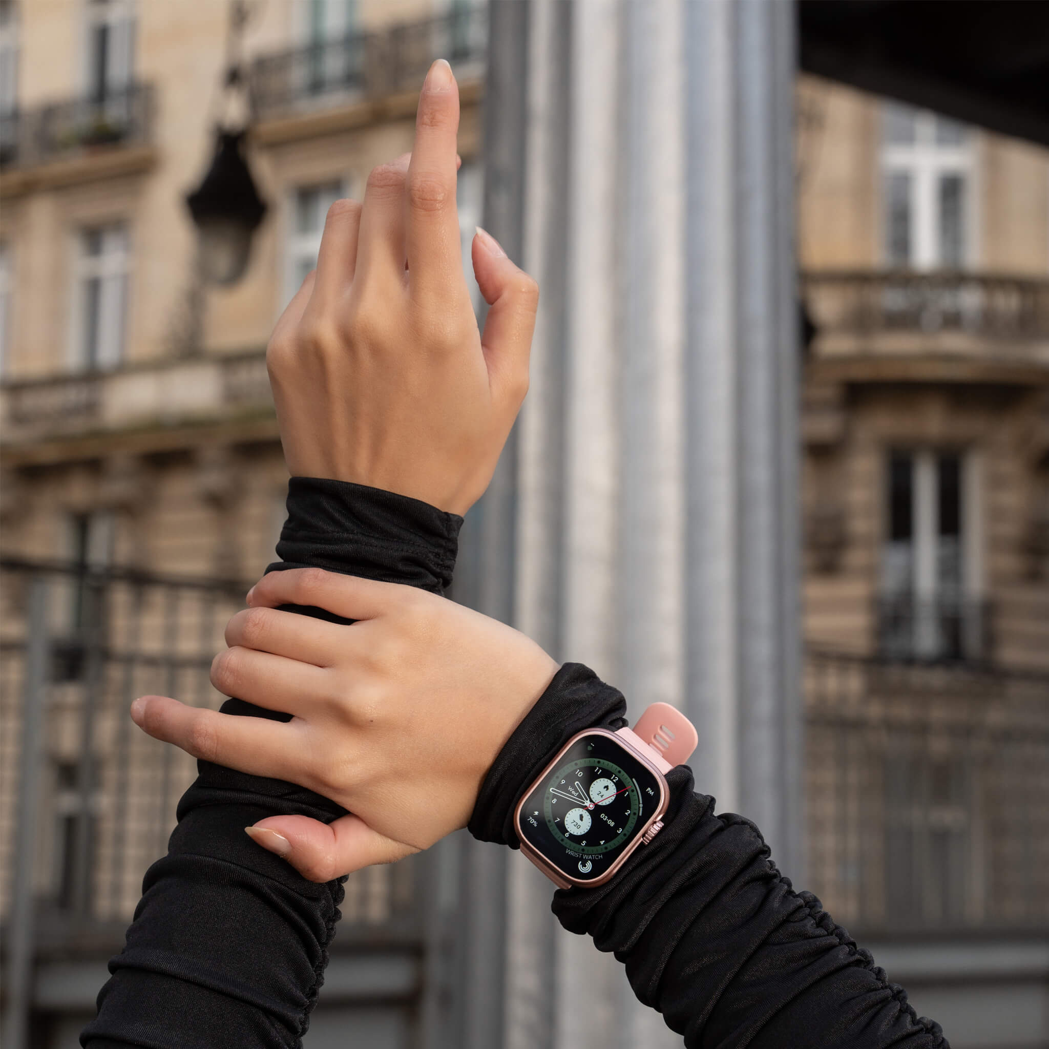 melanie wearing pink lynx smartwatch.