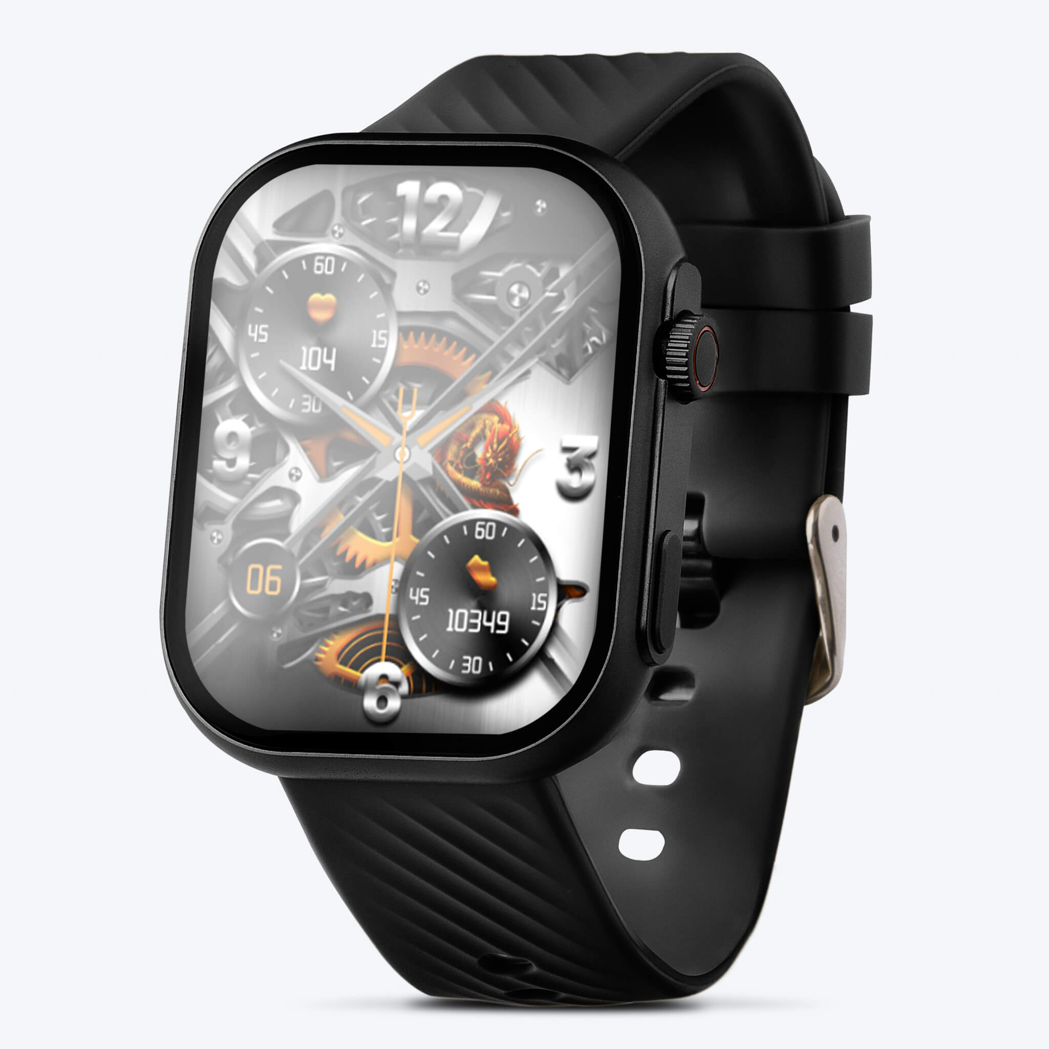 Side front view of black Prime Smartwatch in a plain background. 