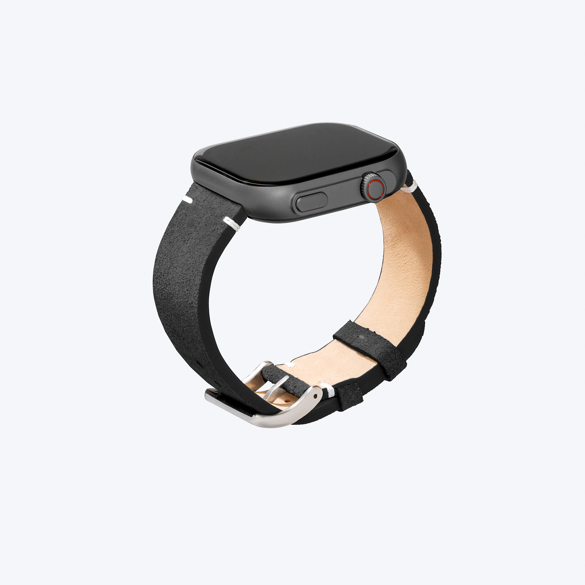 prime smartwatch with black suede strap.