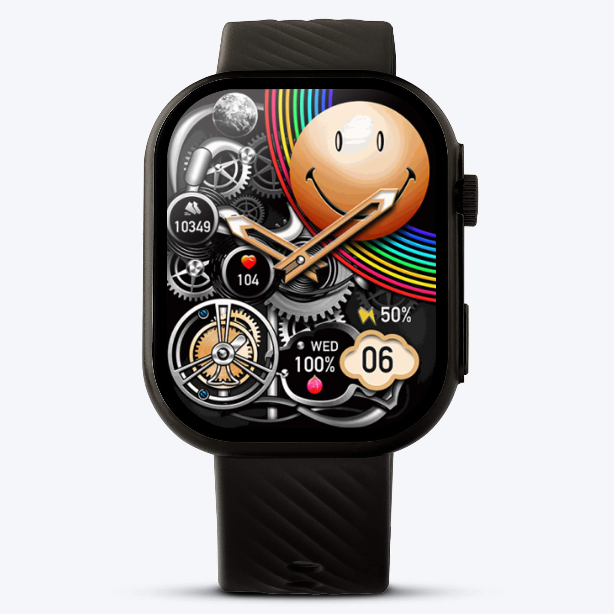 Front view of black Prime Smartwatch in a plain background.