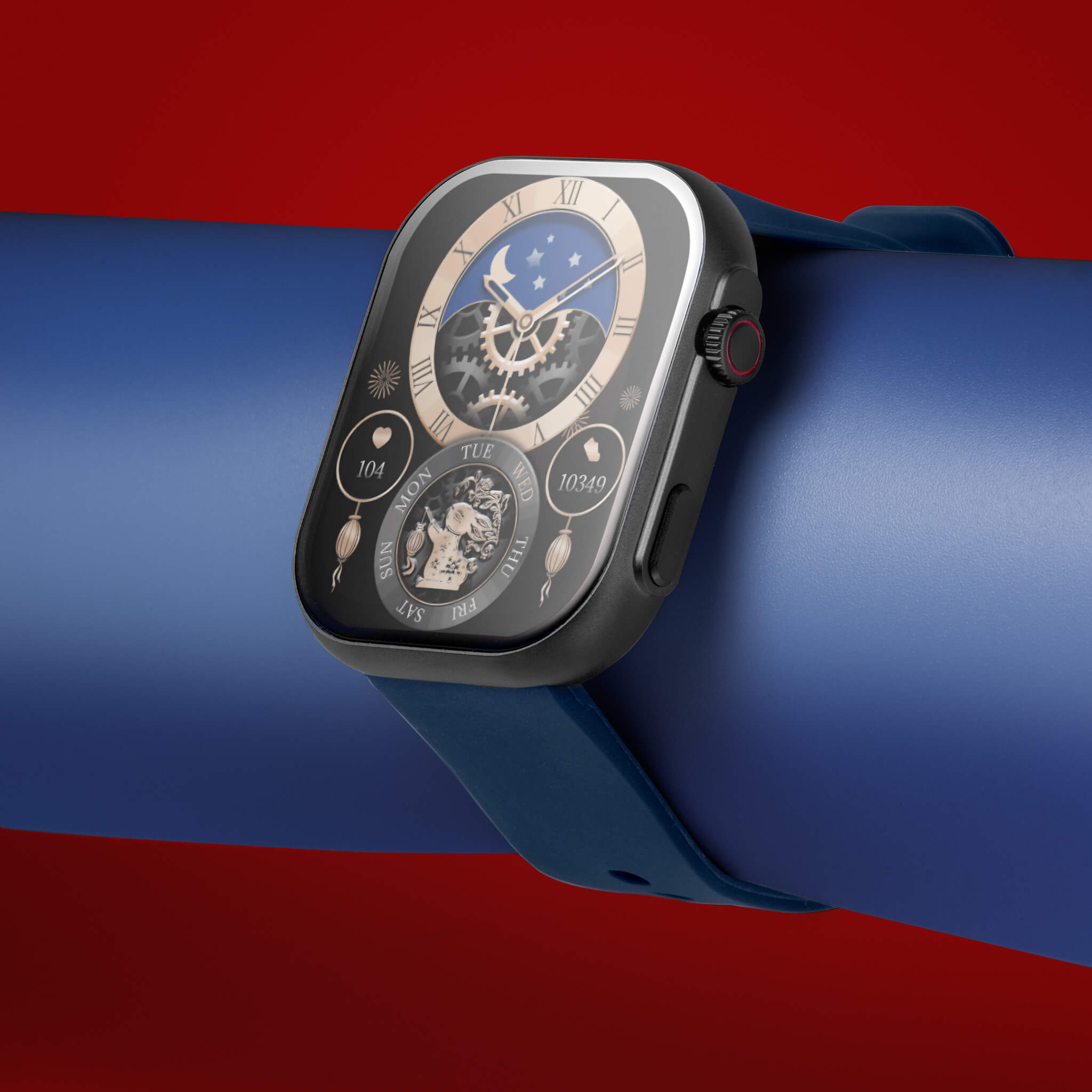 Dark grey prime smartwatch in a custom blue and red background.