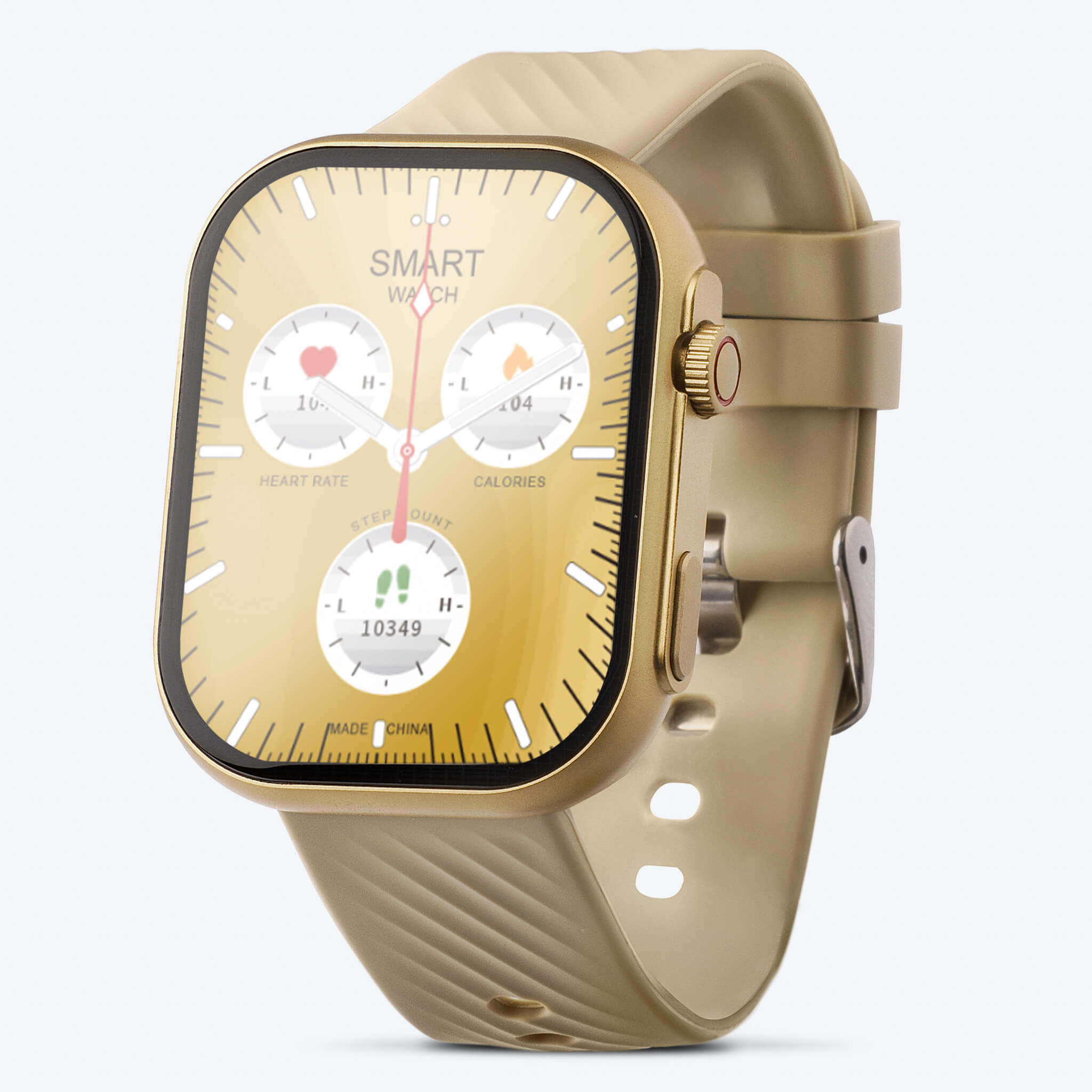 Side front view of gold Prime Smartwatch in a plain background. 