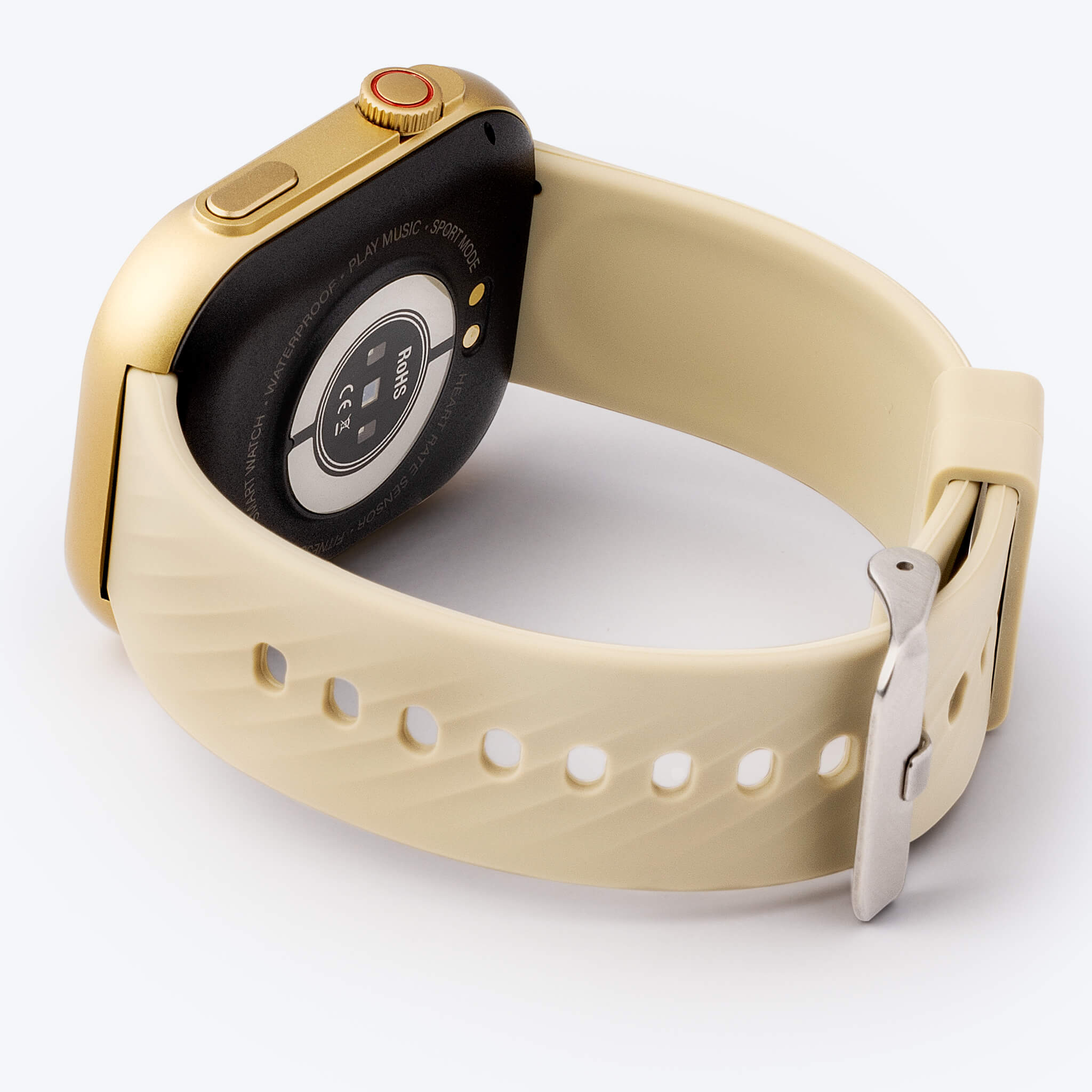 side view of the gold prime smartwatch laying down.