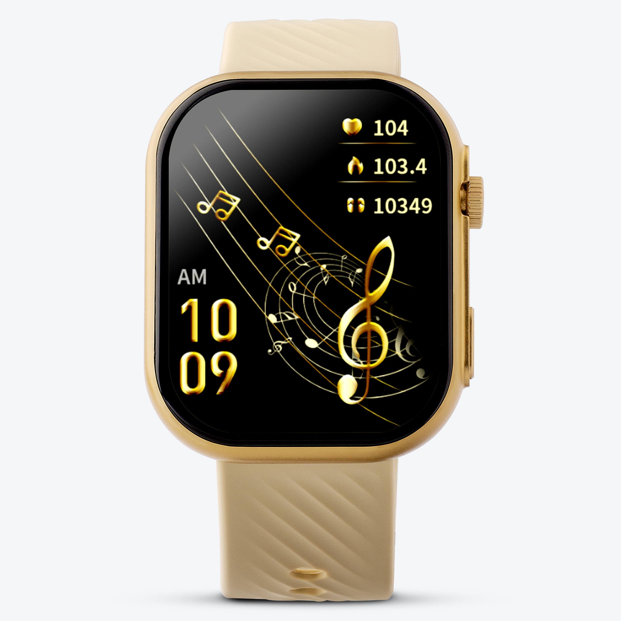 Front view of gold Prime Smartwatch in a plain background.