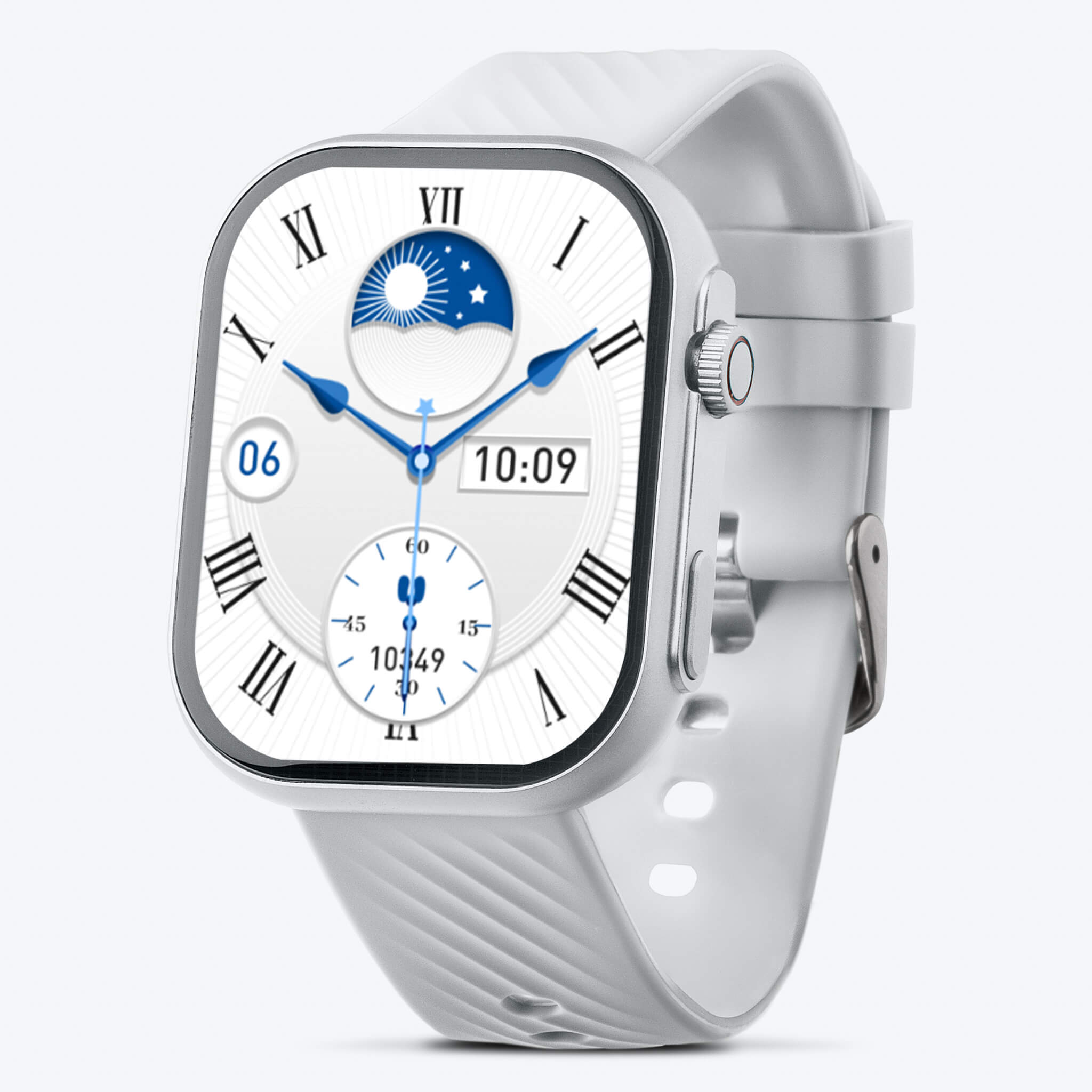 Side front view of silver Prime Smartwatch in a plain background. 