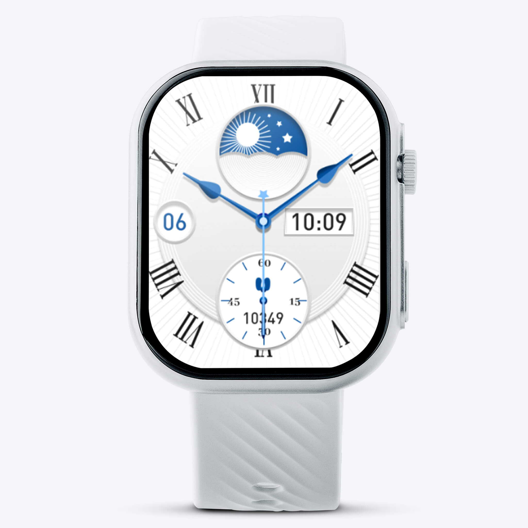 Front view of silver Prime Smartwatch in a plain background.