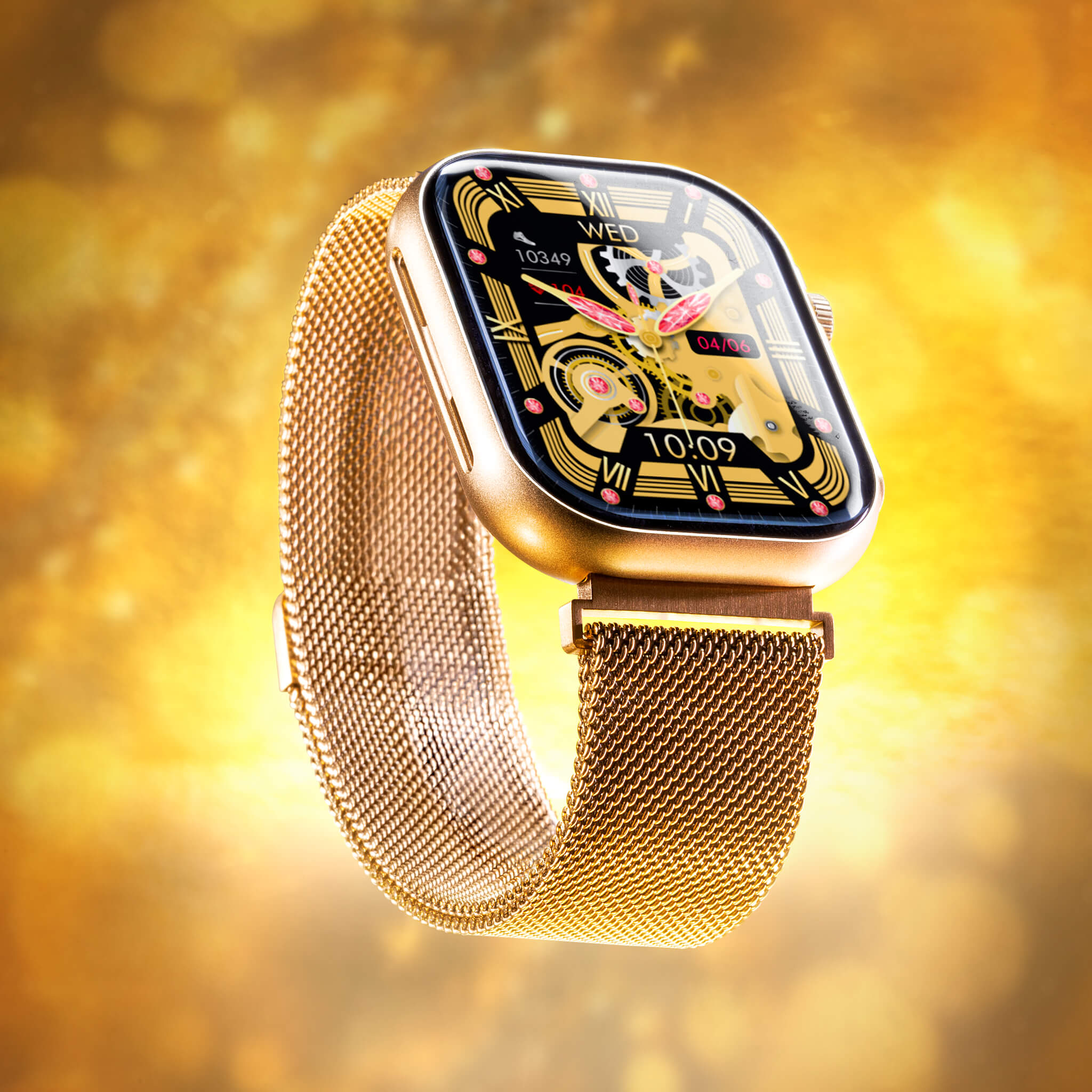 Gold prime smartwatch in gold steel mesh bracelet in a custom gold background.